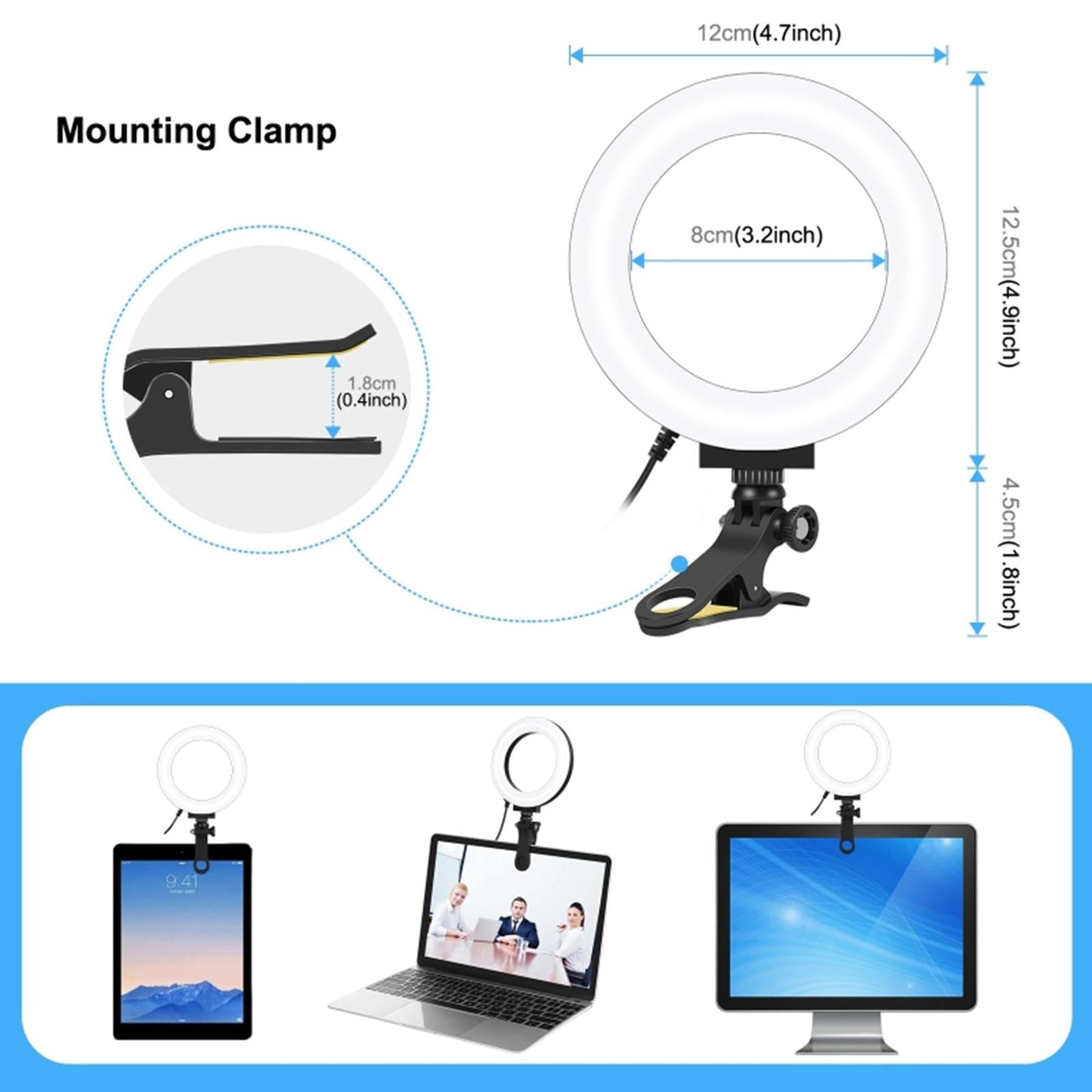 LED Ring Light Clip On Video Conference Lighting Kit USB Powered Stable 12cm