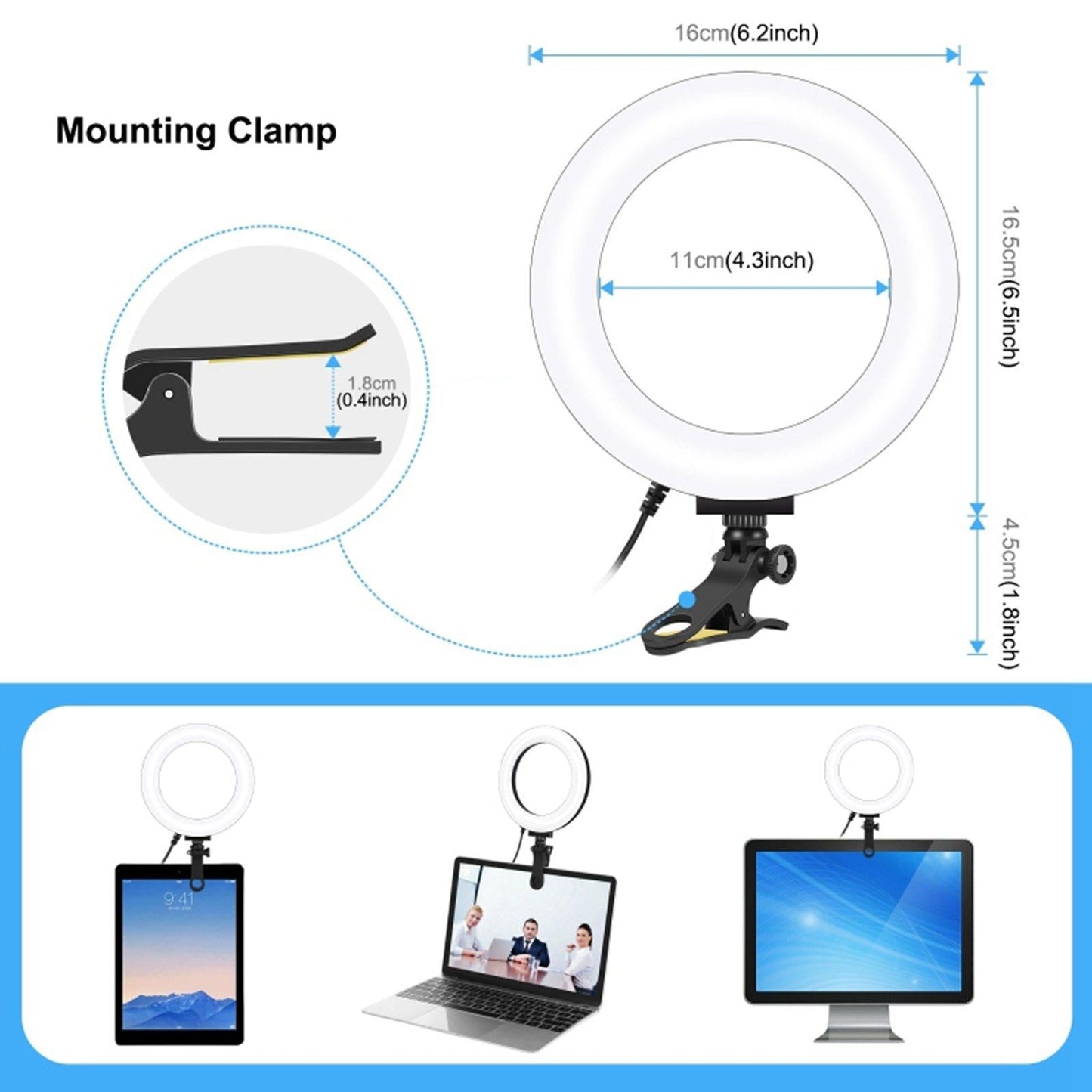LED Ring Light Clip On Video Conference Lighting Kit USB Powered Stable 16cm