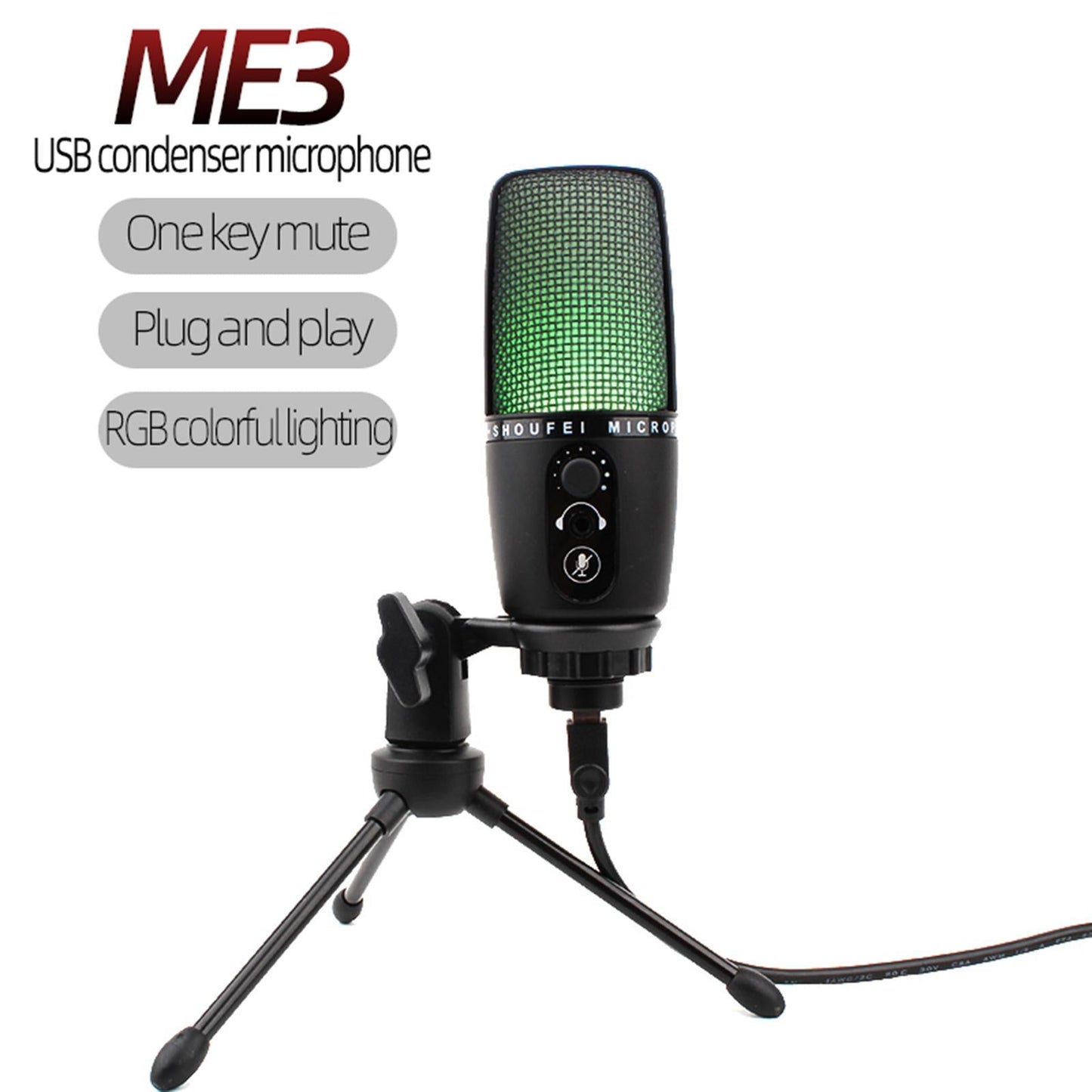 USB Microphone with Mute Plug & Play PC Sound Chipset with Tripod for Studio