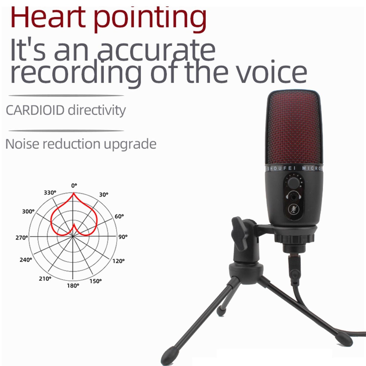 Portable USB Audio Condenser Microphone with Tripod for Computer Red LED
