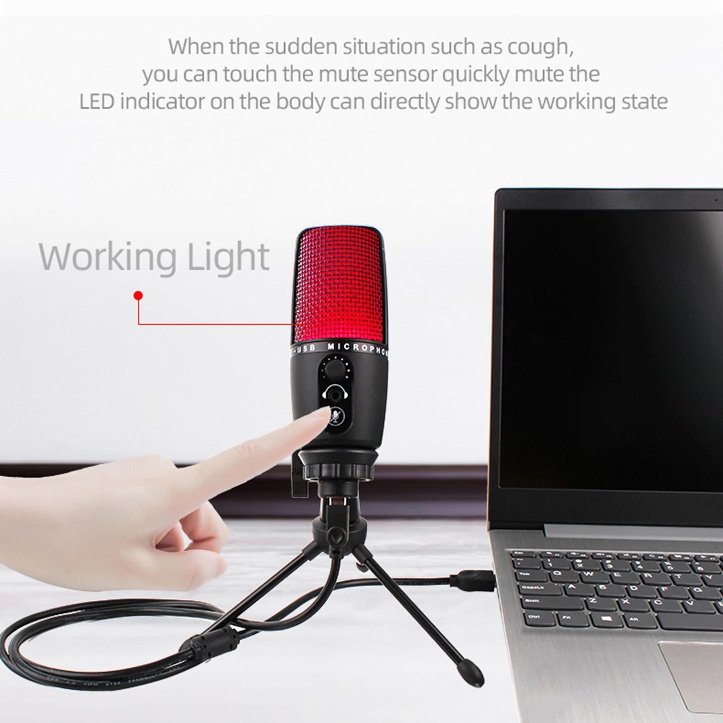 Portable USB Audio Condenser Microphone with Tripod for Computer Red LED