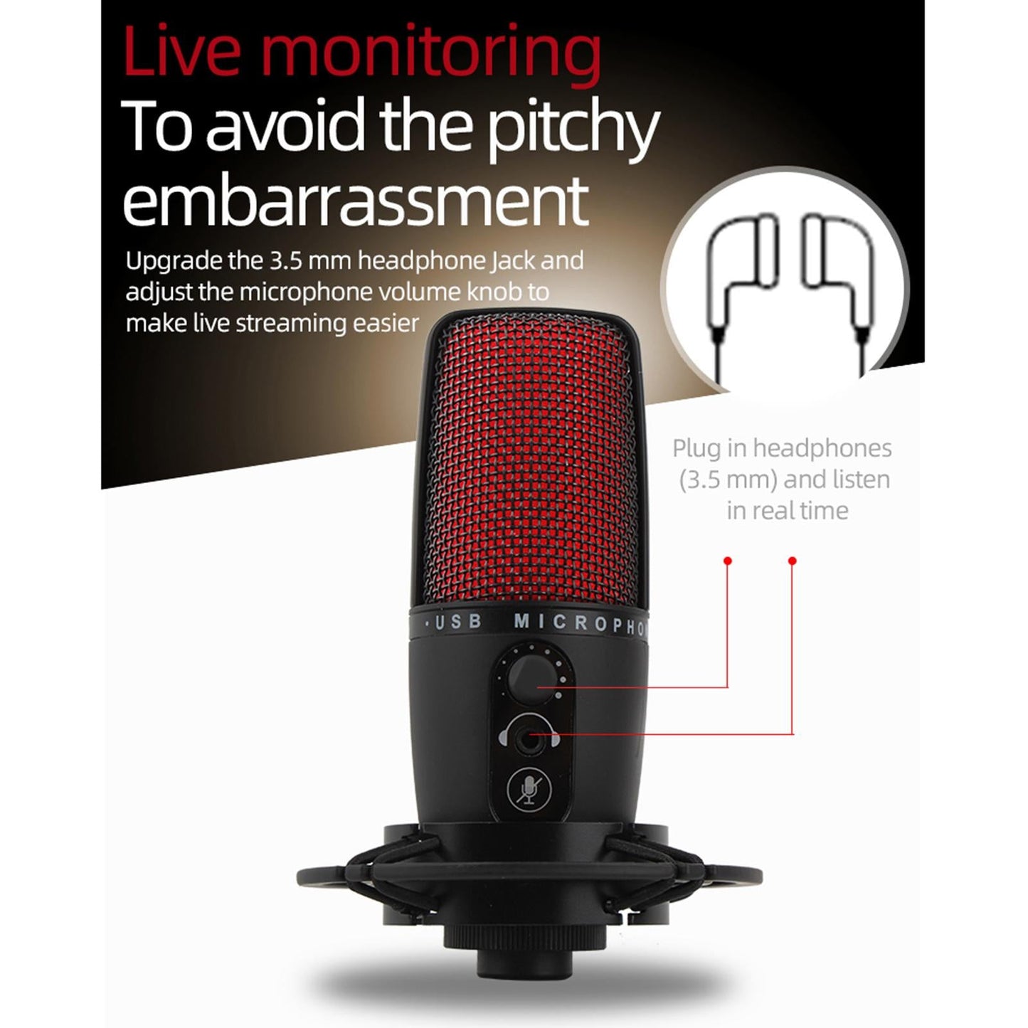Portable USB Audio Condenser Microphone with Tripod for Computer Red LED