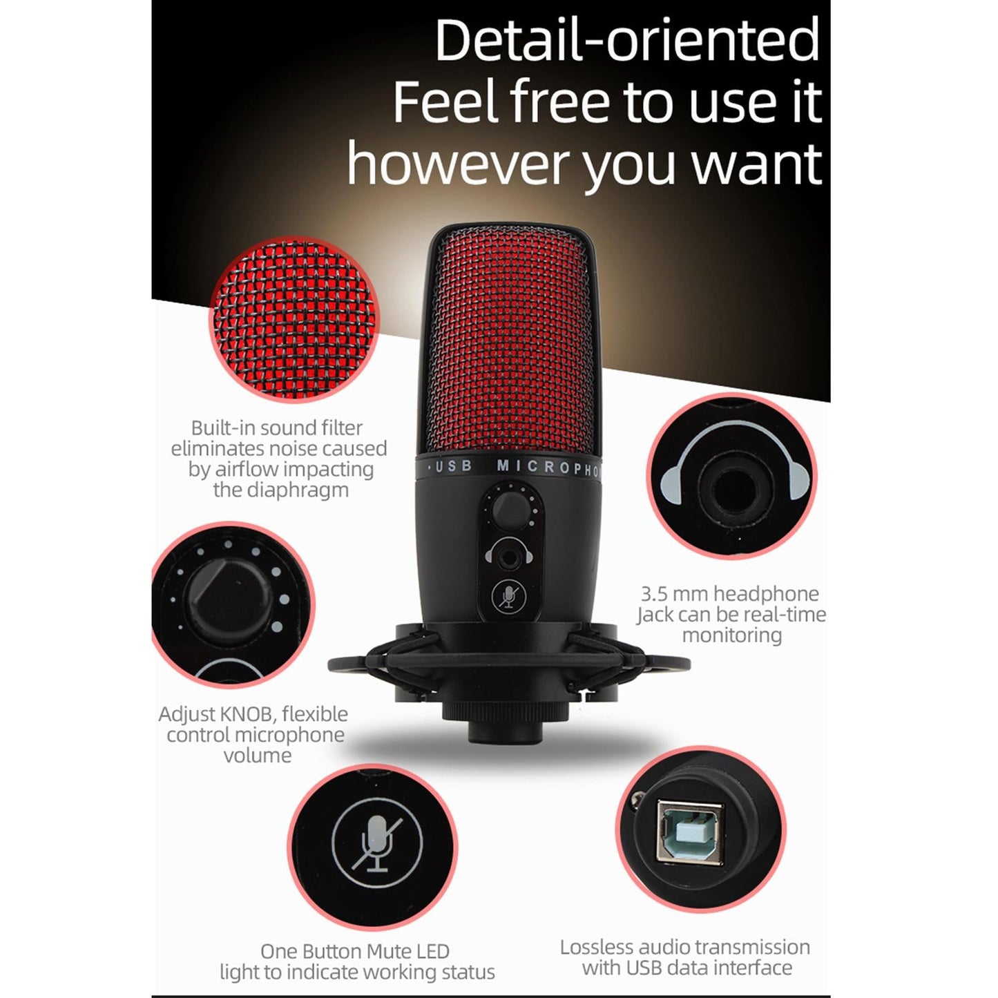 Portable USB Audio Condenser Microphone with Tripod for Computer Red LED
