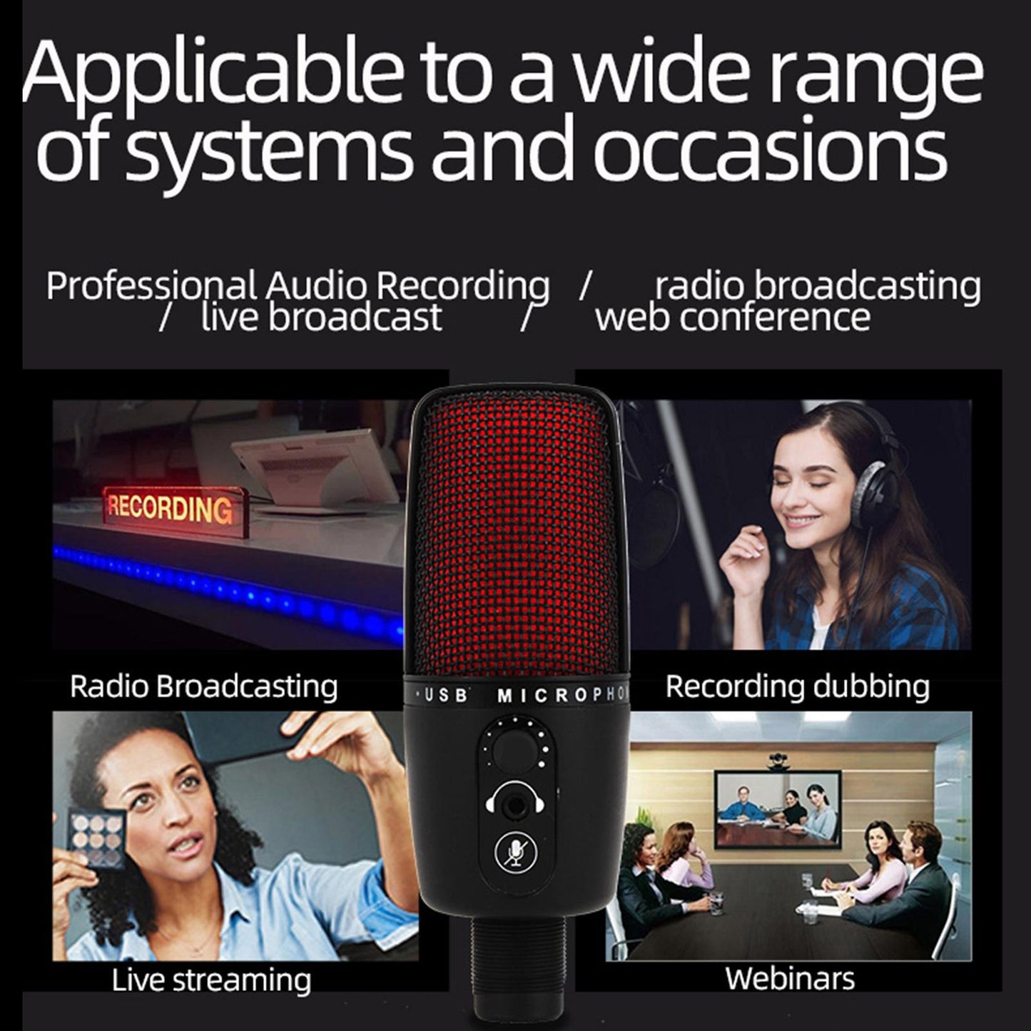 Portable USB Audio Condenser Microphone with Tripod for Computer Red LED