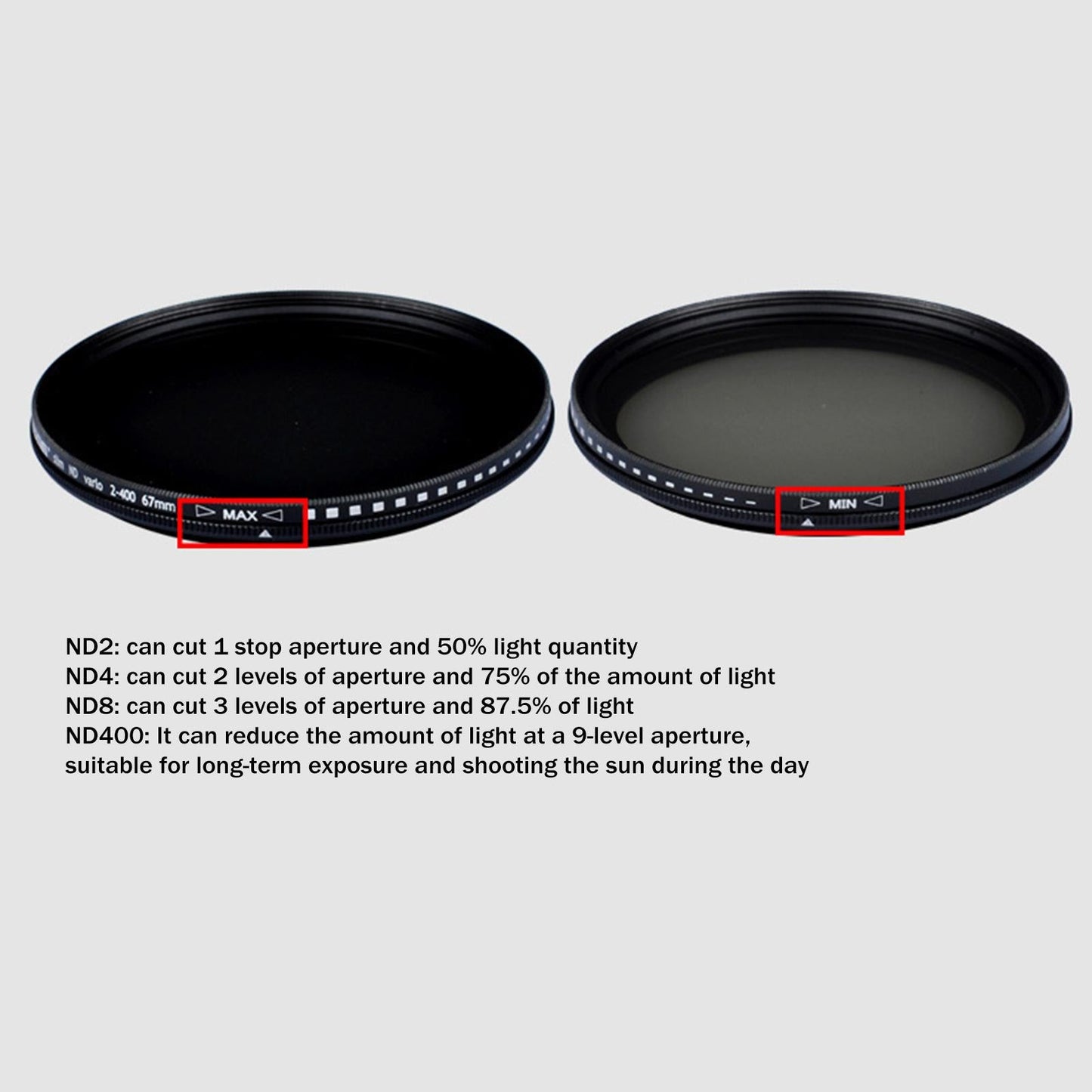 ND2 to ND400 Slim Fader Variable Adjustable ND Filter Optical Glass 55mm