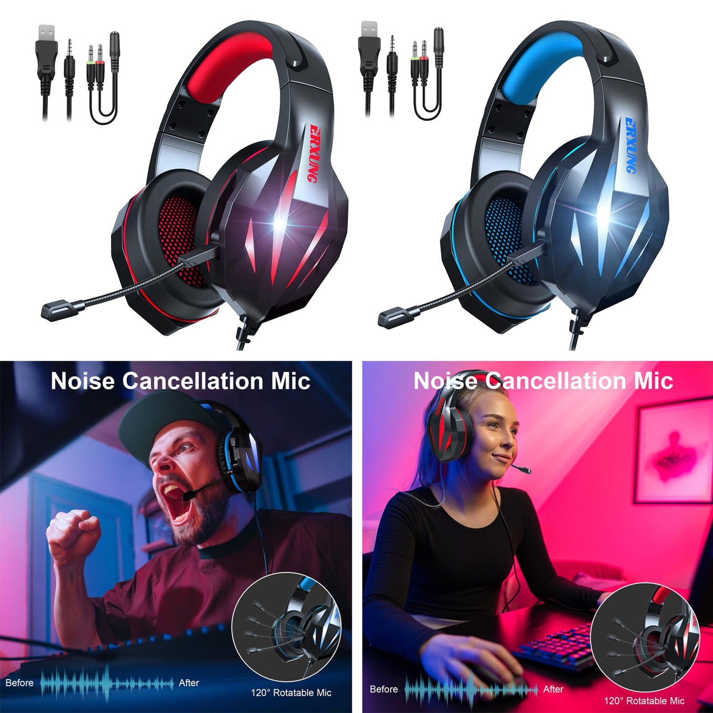RGB Gaming Headset with Mic 4D Bass 3.5mm Plug for PS4 Gamers Black and Blue
