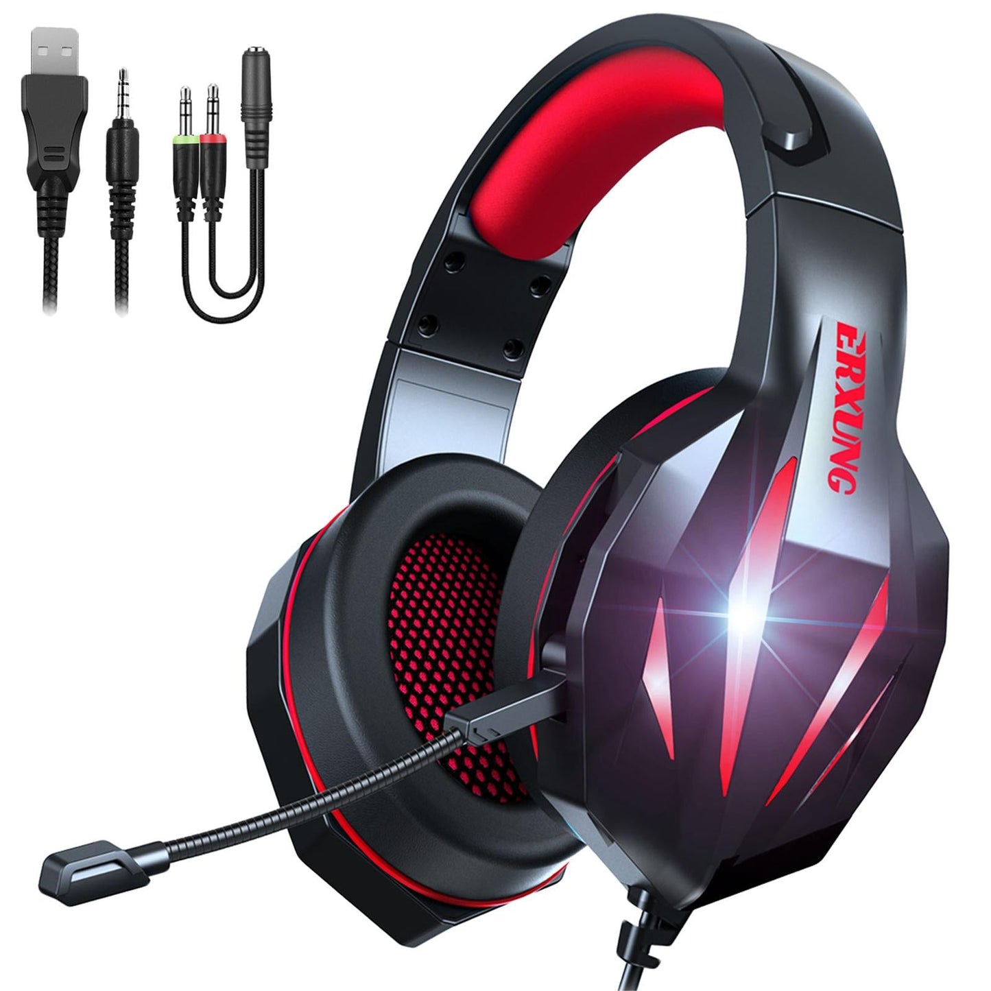 RGB Gaming Headset with Mic 4D Bass 3.5mm Plug for PS4 Gamers Black and Red
