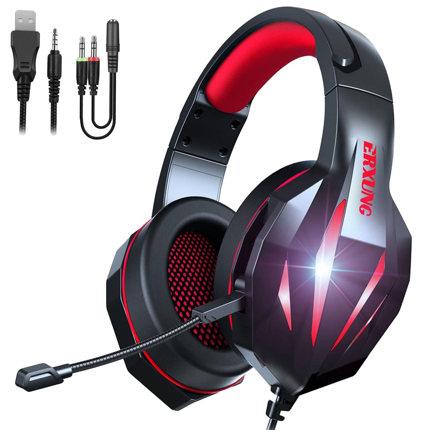 RGB Gaming Headset with Mic 4D Bass 3.5mm Plug for PS4 Gamers Black and Red