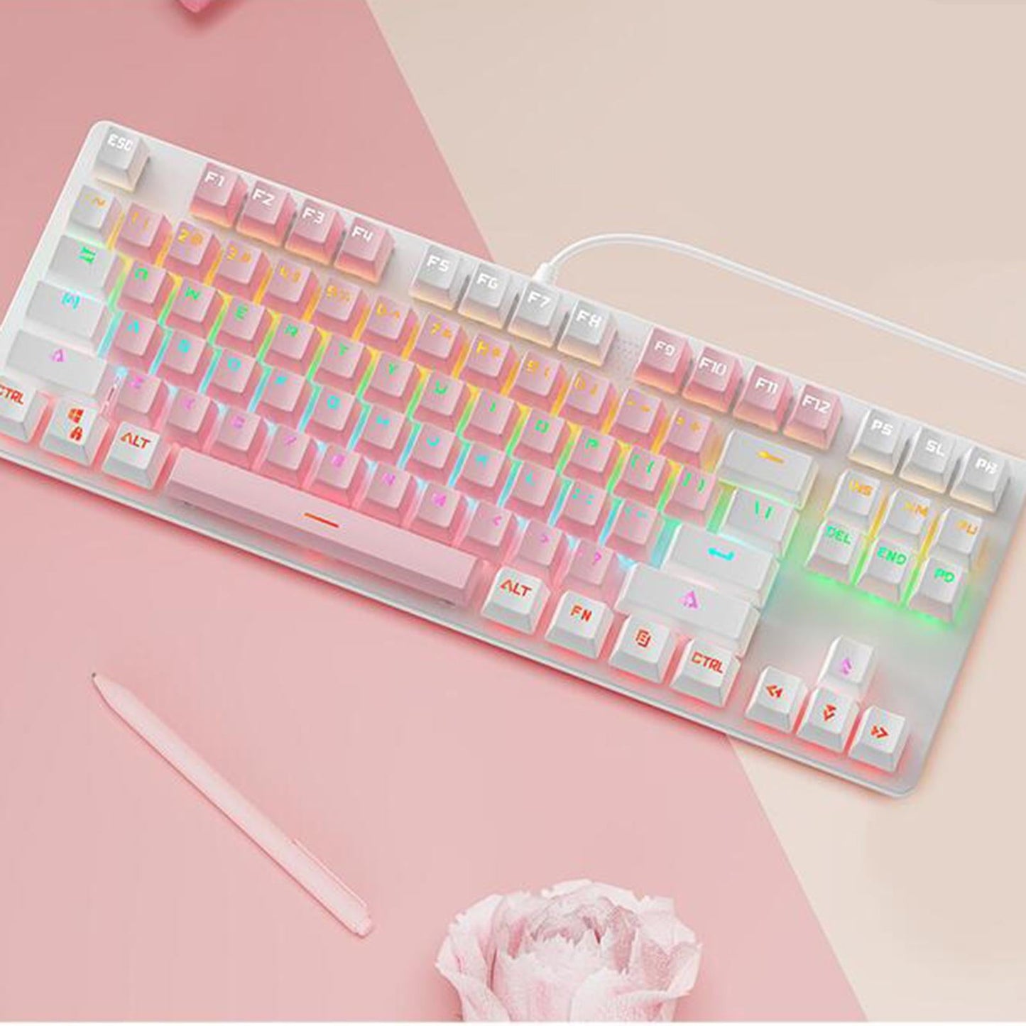 USB 87 Keys Blue Axis Cute Wired Gaming Keyboard Quiet Design White+Pink