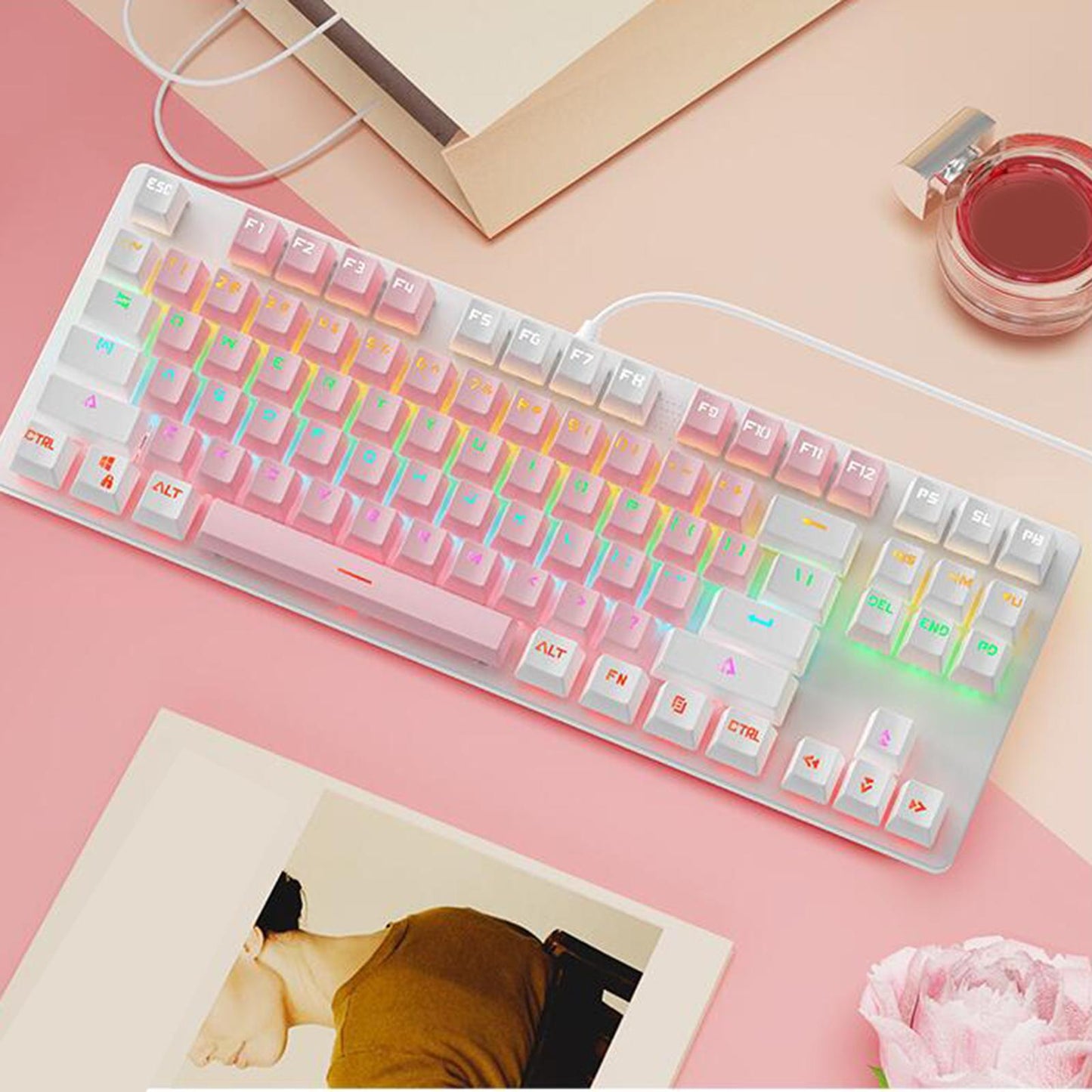USB 87 Keys Blue Axis Cute Wired Gaming Keyboard Quiet Design White+Pink