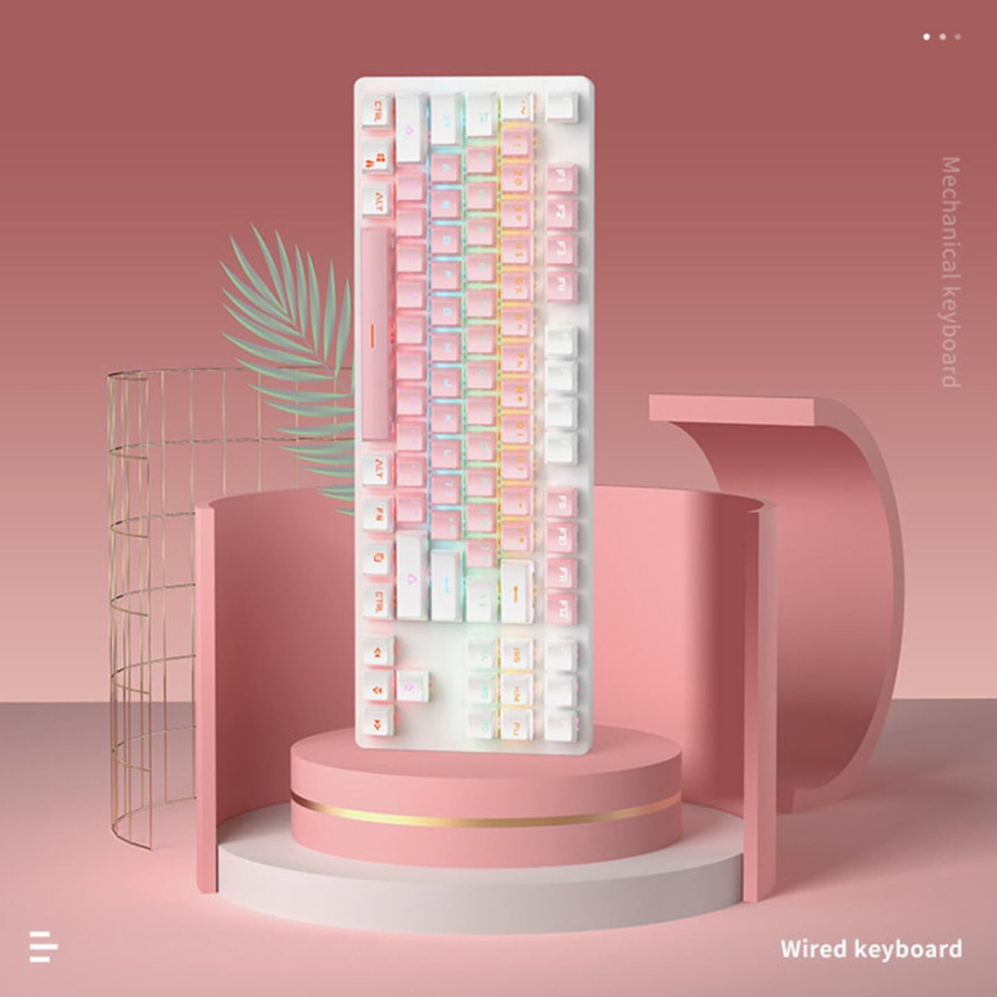 USB 87 Keys Blue Axis Cute Wired Gaming Keyboard Quiet Design Pink+White