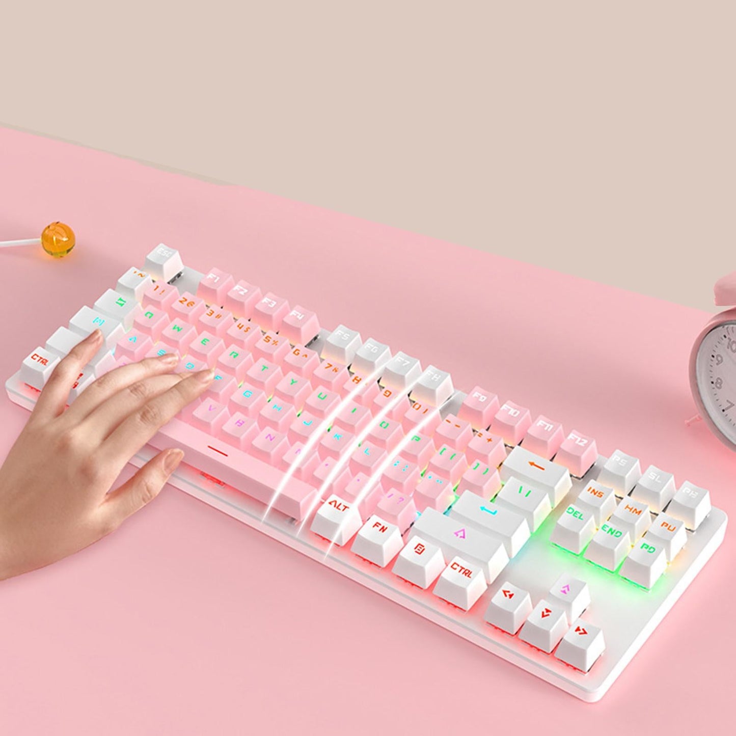 USB 87 Keys Blue Axis Cute Wired Gaming Keyboard Quiet Design Pink+White