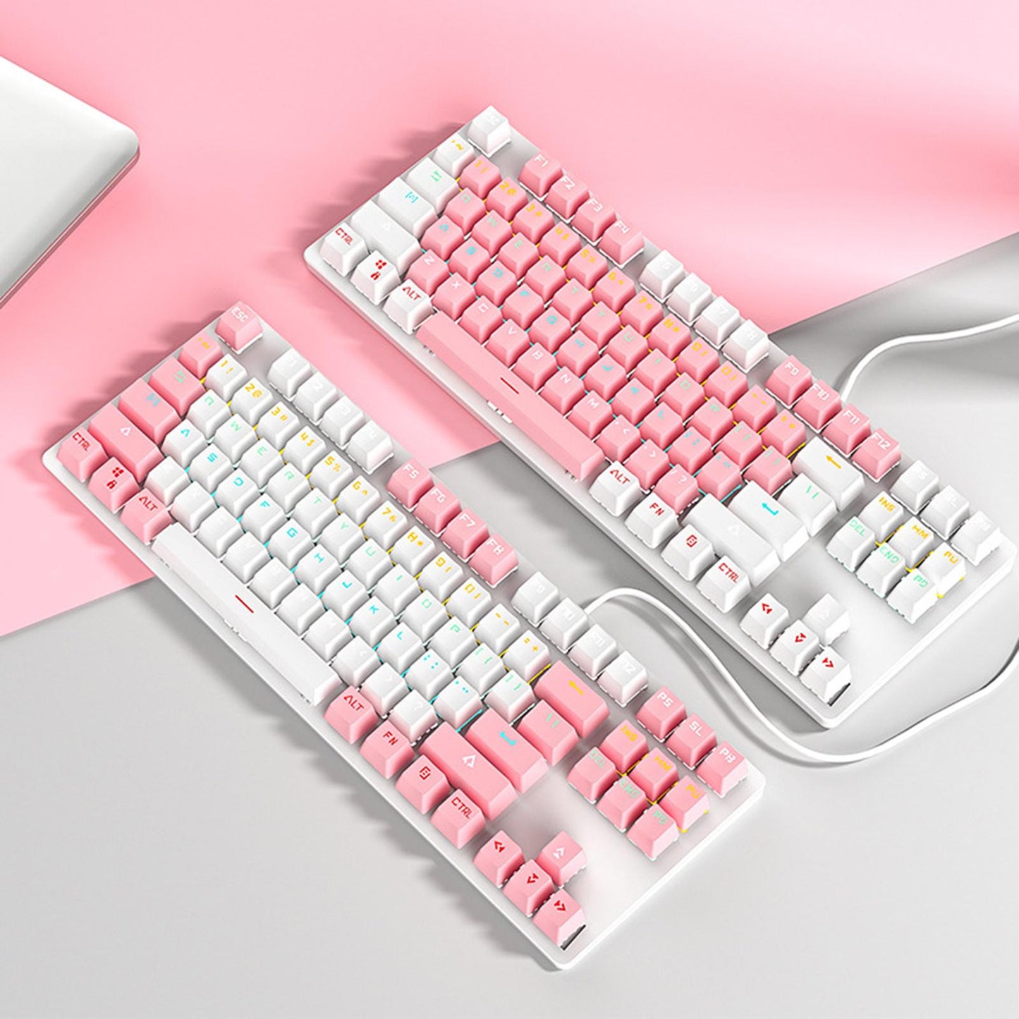 USB 87 Keys Blue Axis Cute Wired Gaming Keyboard Quiet Design Pink+White