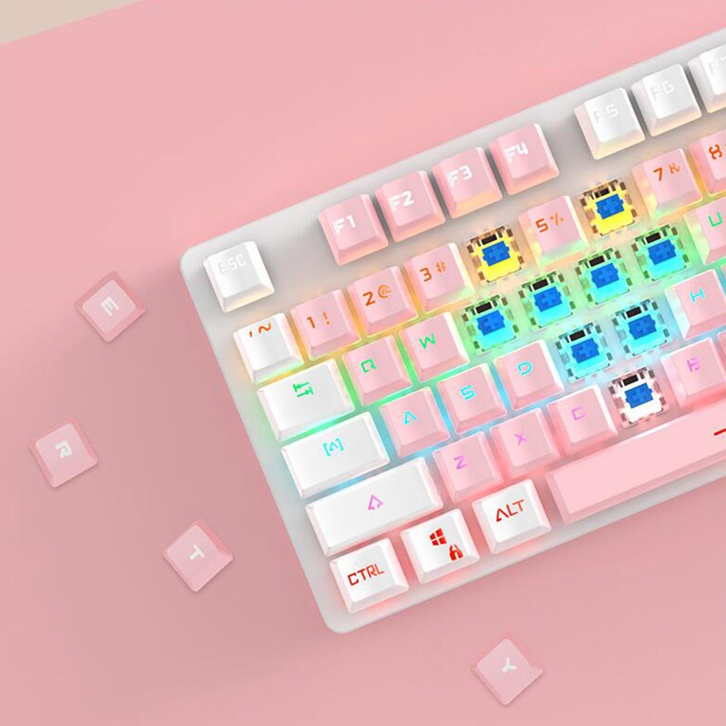 USB 87 Keys Blue Axis Cute Wired Gaming Keyboard Quiet Design Pink+White