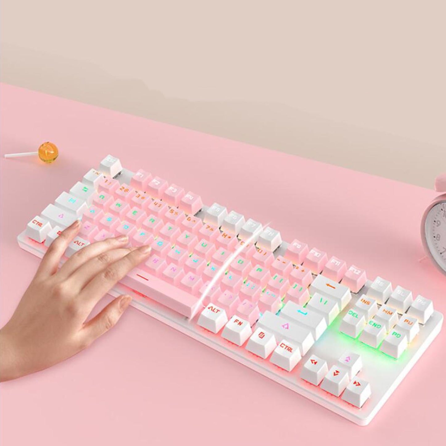 USB 87 Keys Blue Axis Cute Wired Gaming Keyboard Quiet Design Pink+White