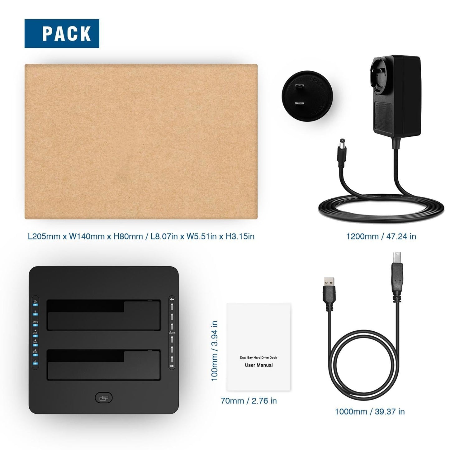 USB 3.0 to SATA Dual Bay Hard Drive Dock with SD TF Card Reader 12V/3A