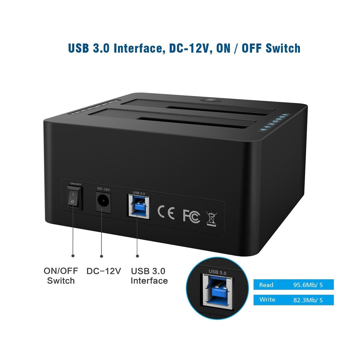 USB 3.0 to SATA Dual Bay Hard Drive Dock with SD TF Card Reader 12V/3A