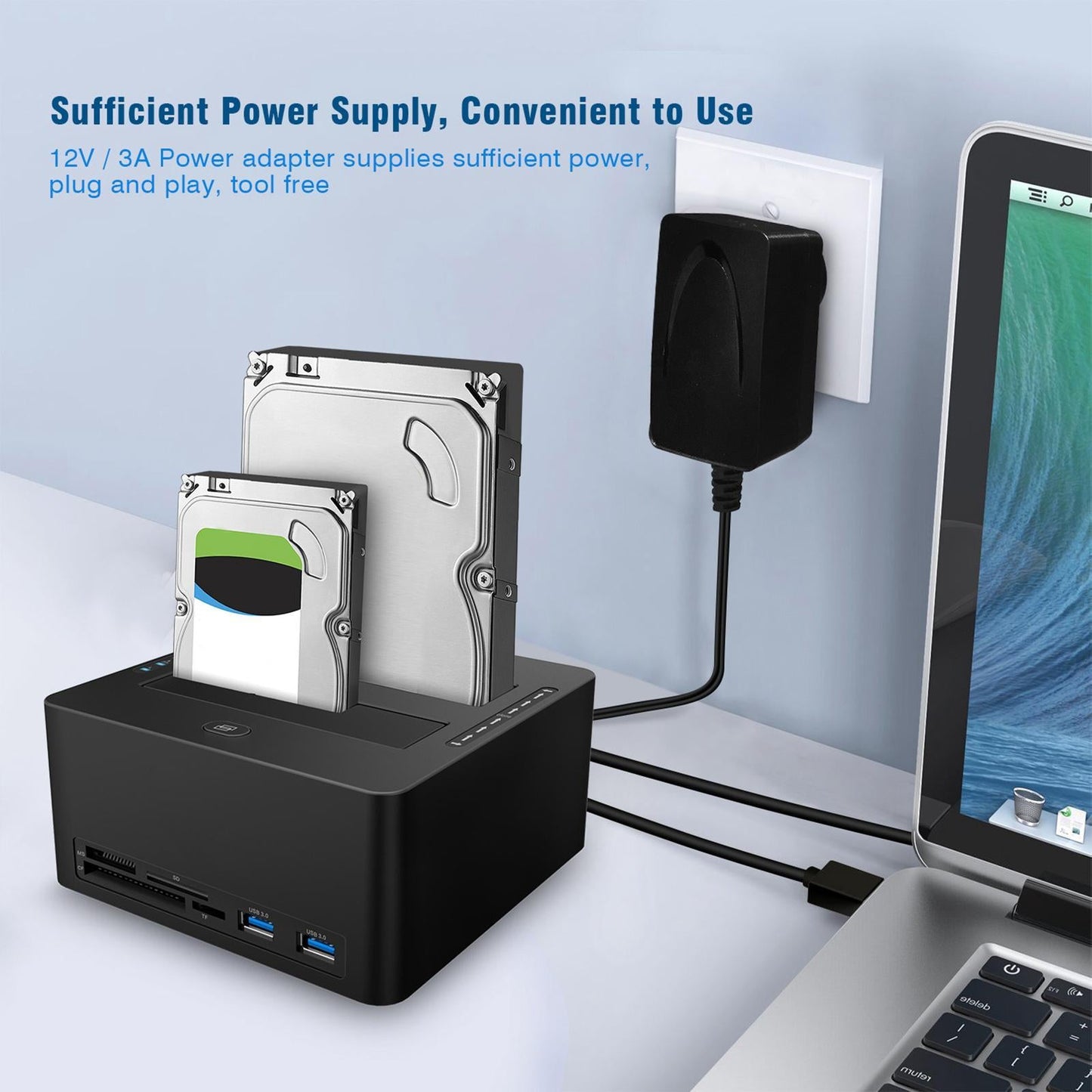 USB 3.0 to SATA Dual Bay Hard Drive Dock with SD TF Card Reader 12V/3A