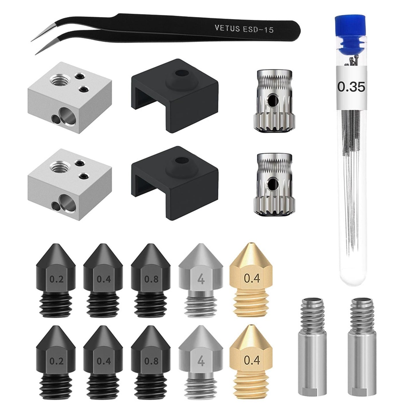 20Pcs 3D Printer Nozzles Kit Silicone Sleeve Heater Block for MK 8 Cleaning