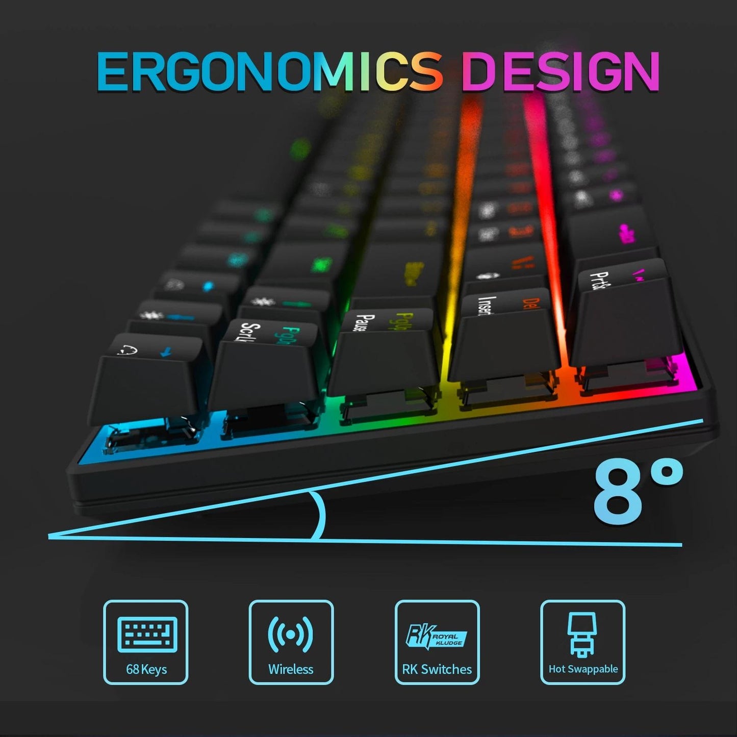 2.4Ghz 68-Key Gaming Keyboard Wireless RGB for Computers Black Blue Switch