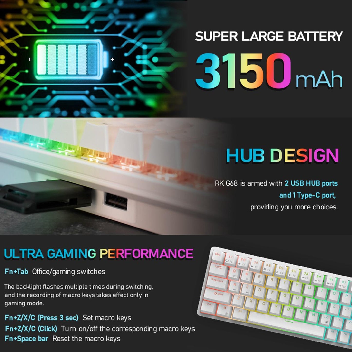 2.4Ghz 68-Key Gaming Keyboard Wireless RGB for Computers White Blue Switch