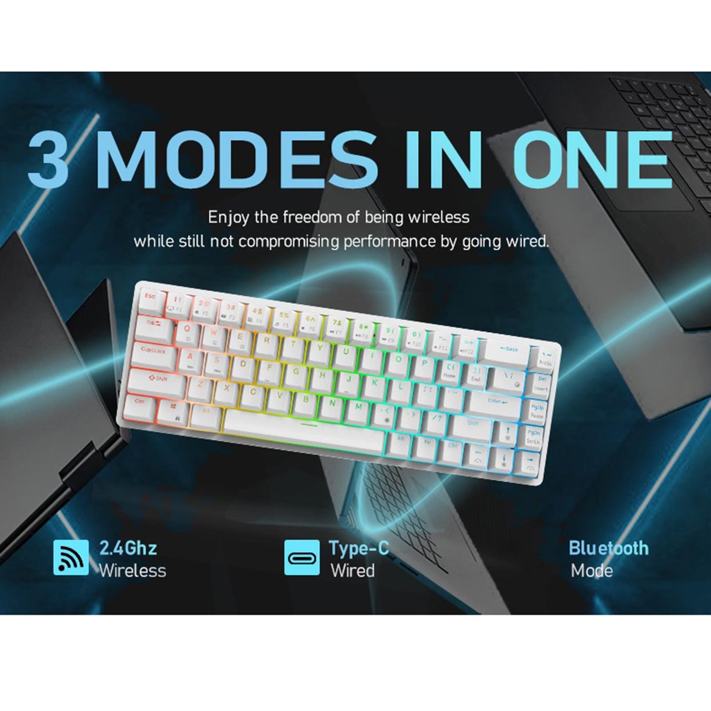 2.4Ghz 68-Key Gaming Keyboard Wireless RGB for Computers White Blue Switch