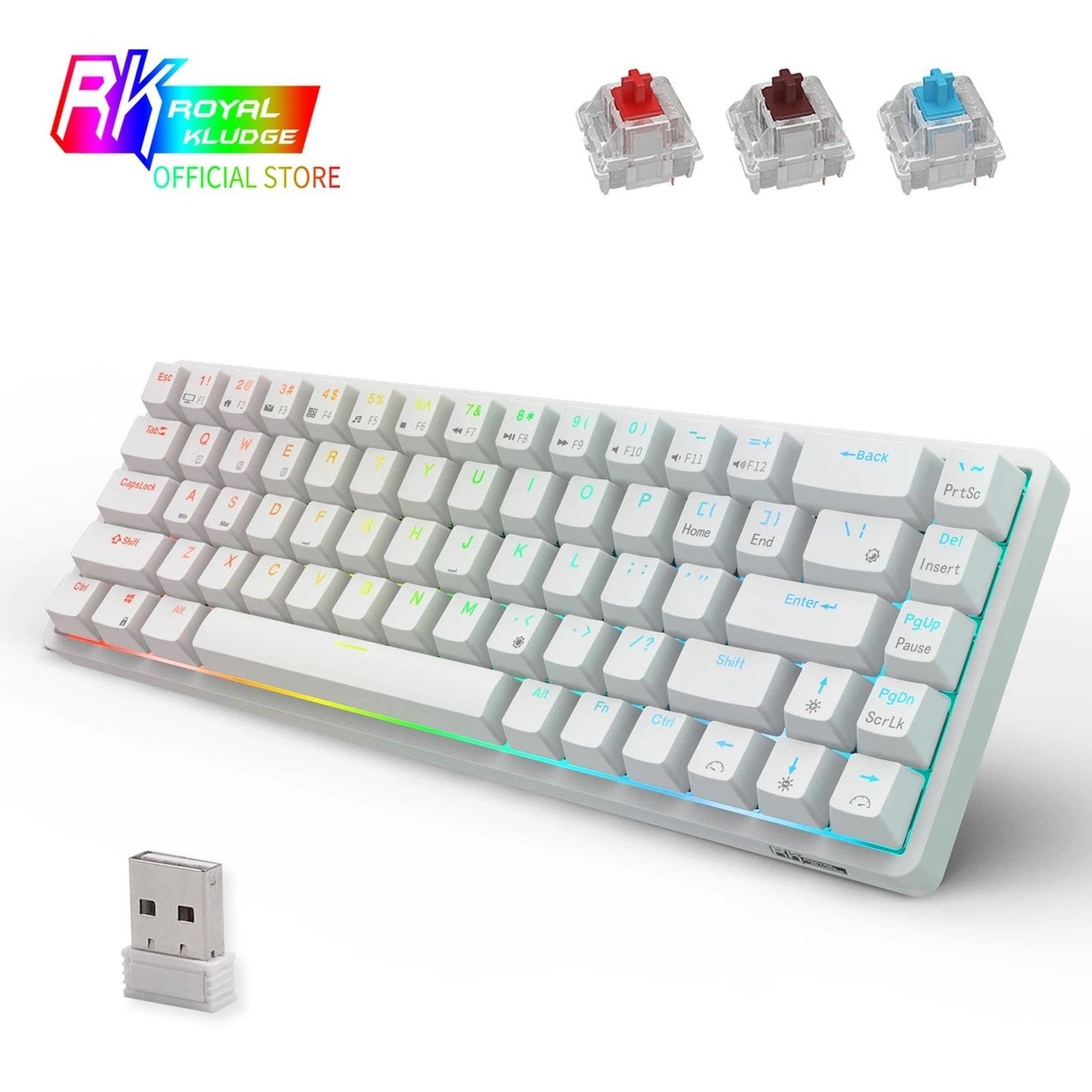 2.4Ghz 68-Key Gaming Keyboard Wireless RGB for Computers White Blue Switch