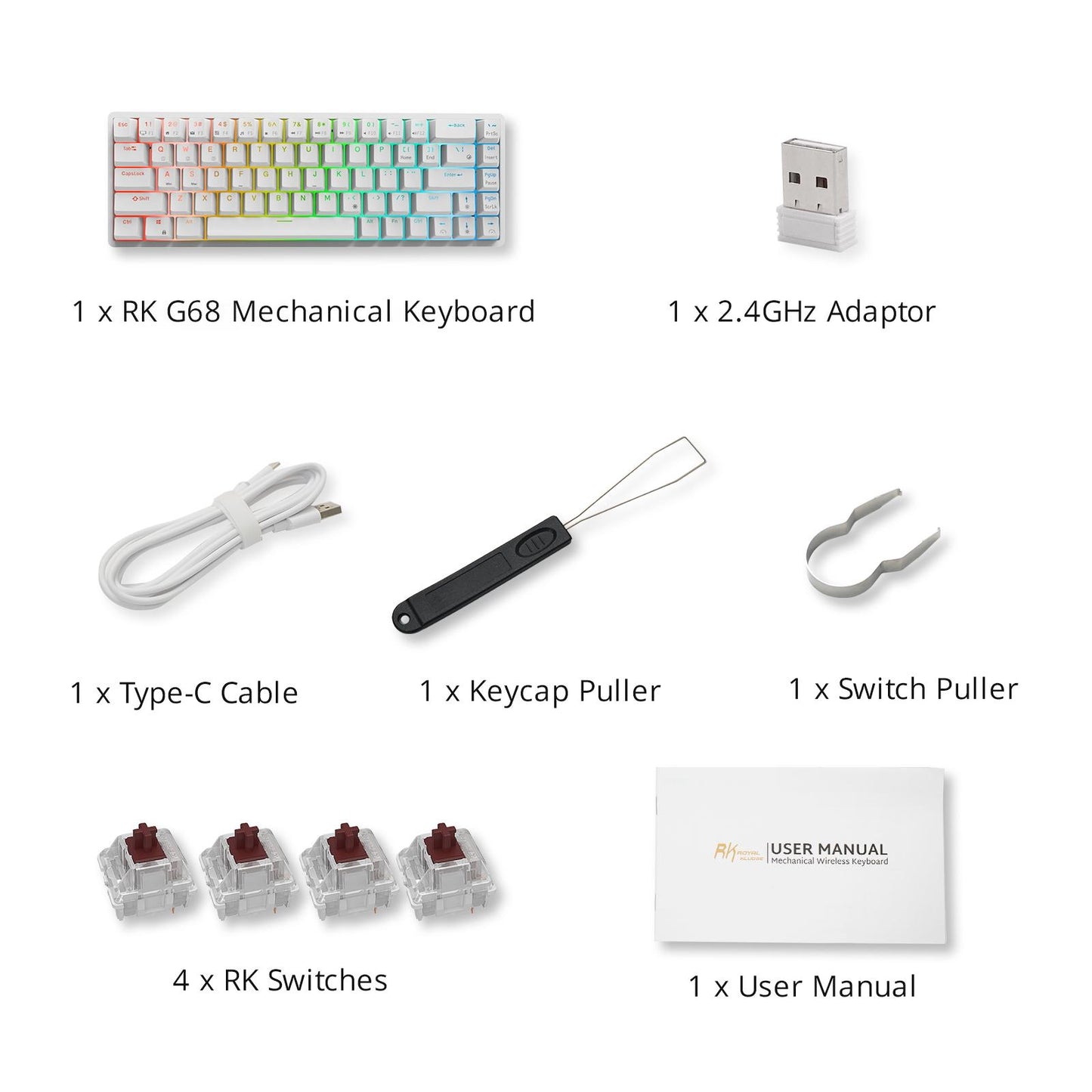 2.4Ghz 68-Key Gaming Keyboard Wireless RGB for Computers White Blue Switch