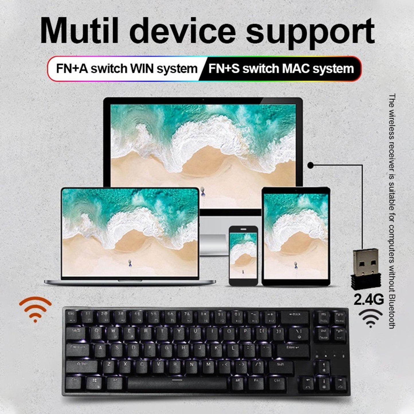 2.4Ghz RK68PLUS 68 Keys Gaming Keyboards for Laptops Home Red Switch White