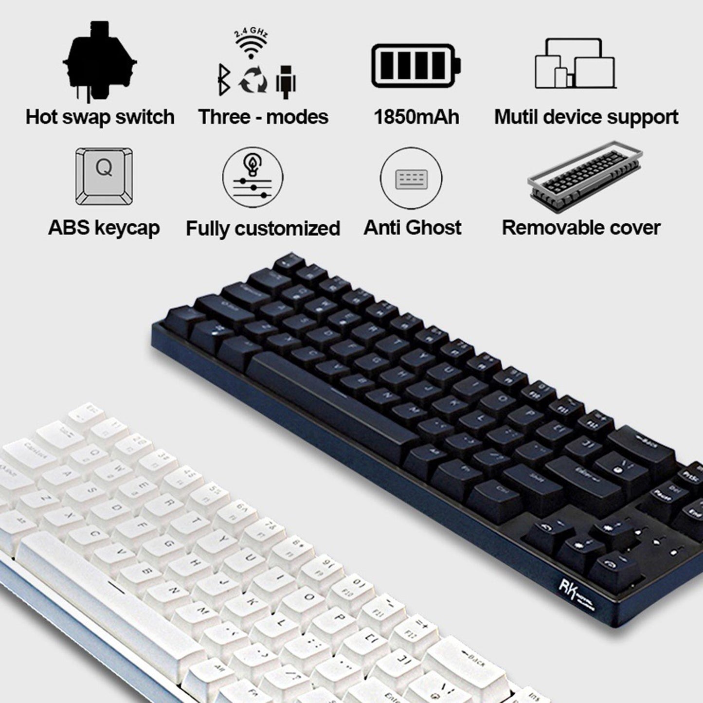 2.4Ghz RK68PLUS 68 Keys Gaming Keyboards for Laptops Home Brown Switch Black