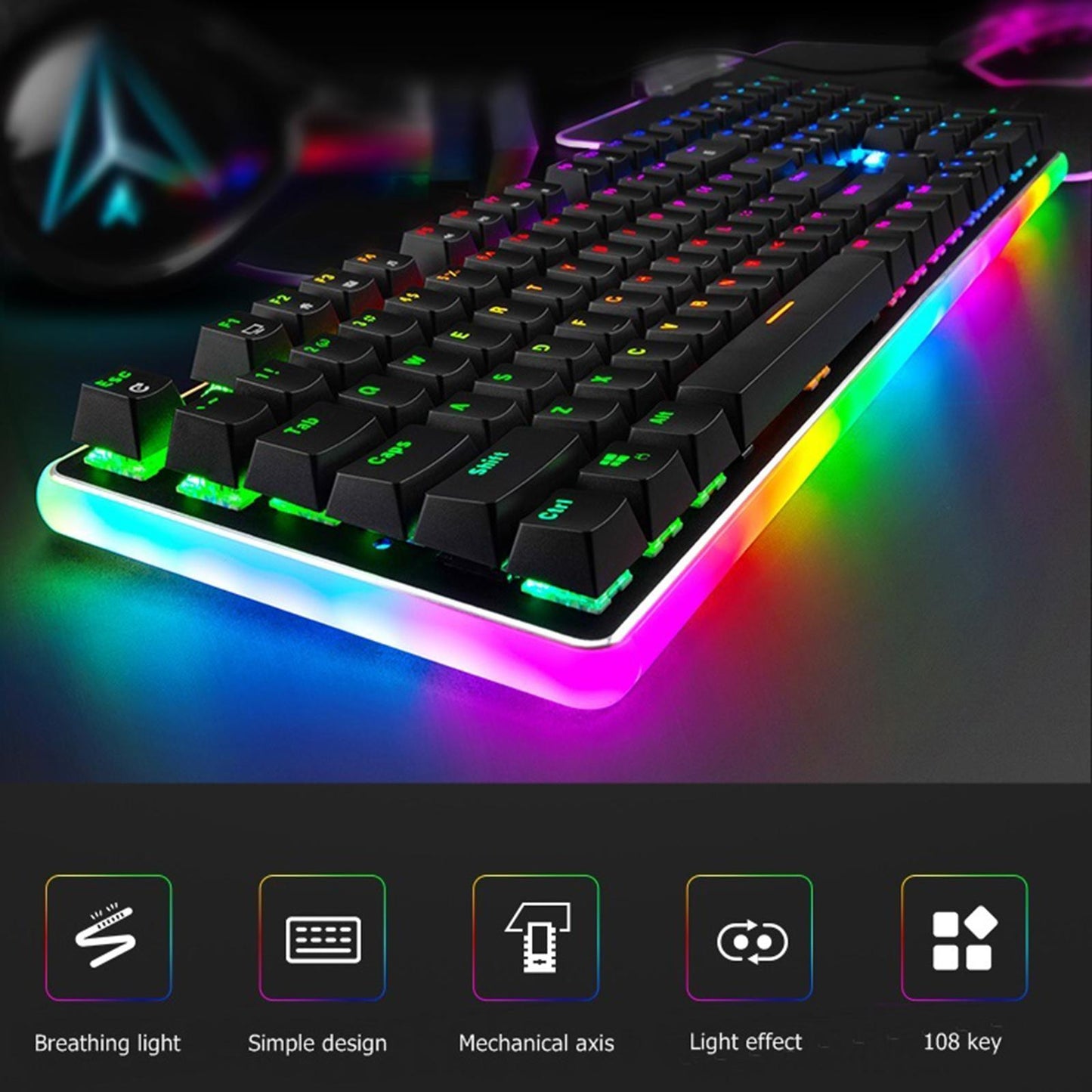 Mechanical Keyboard USB Wired 108 Keys with RGB Backlight for Computer PC Red Switch Black