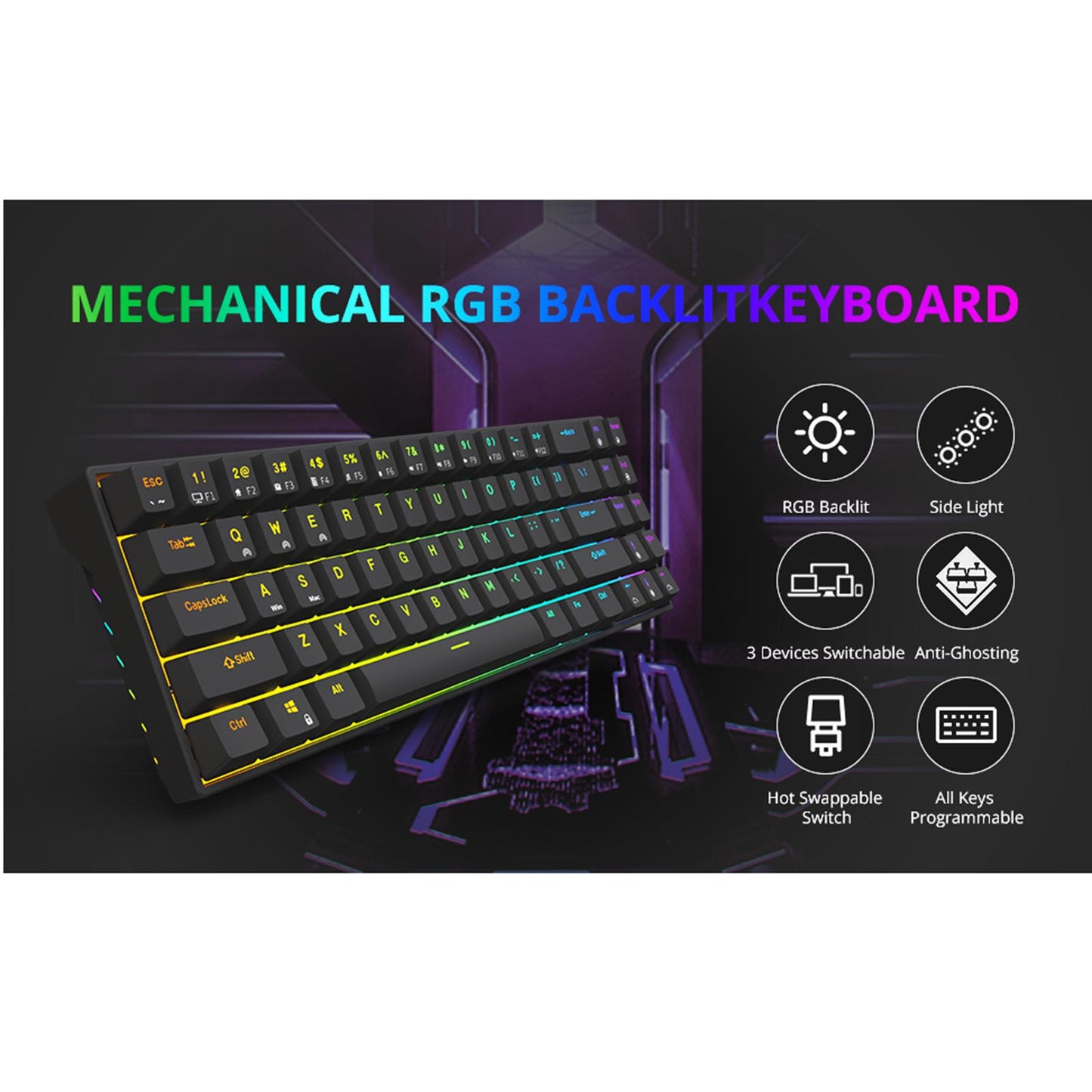 RK71 71 Keys Mechanical Keyboard RGB Backlight for Gamer Black Red Switch