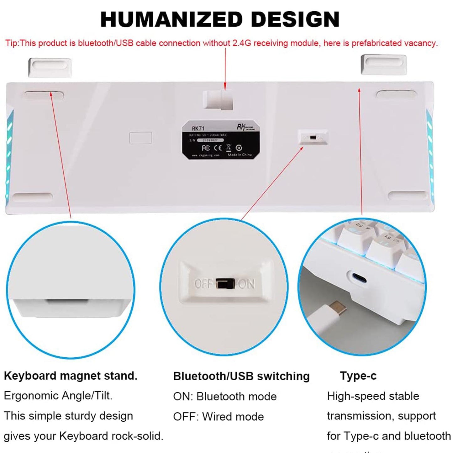 RK71 71 Keys Mechanical Keyboard RGB Backlight for Gamer White Blue Switch