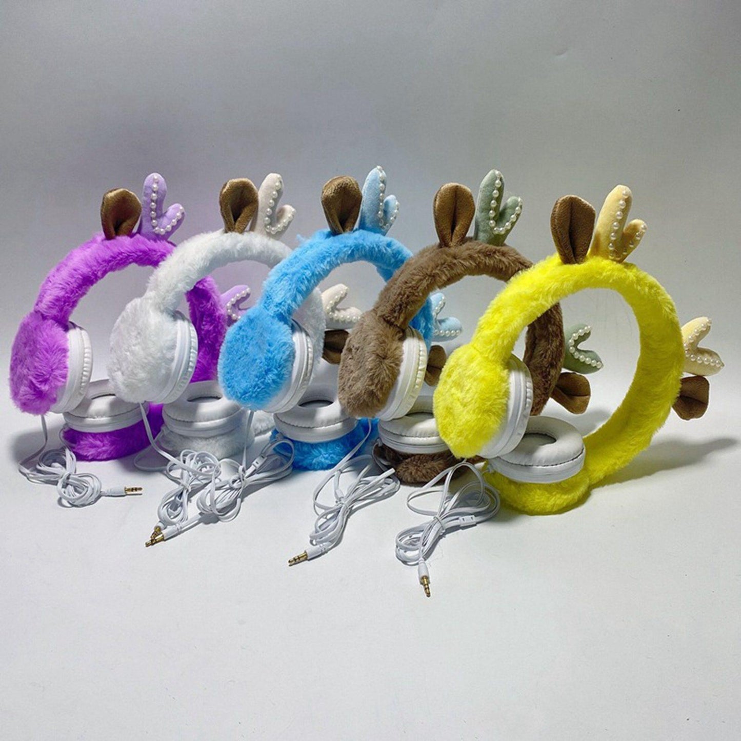 Wired Plush Antlers Headset with Microphone HiFi for Gaming Kid Adult White