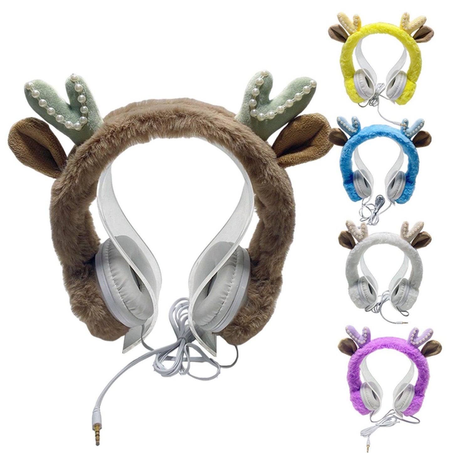 Wired Plush Antlers Headset with Microphone HiFi for Gaming Kid Adult White