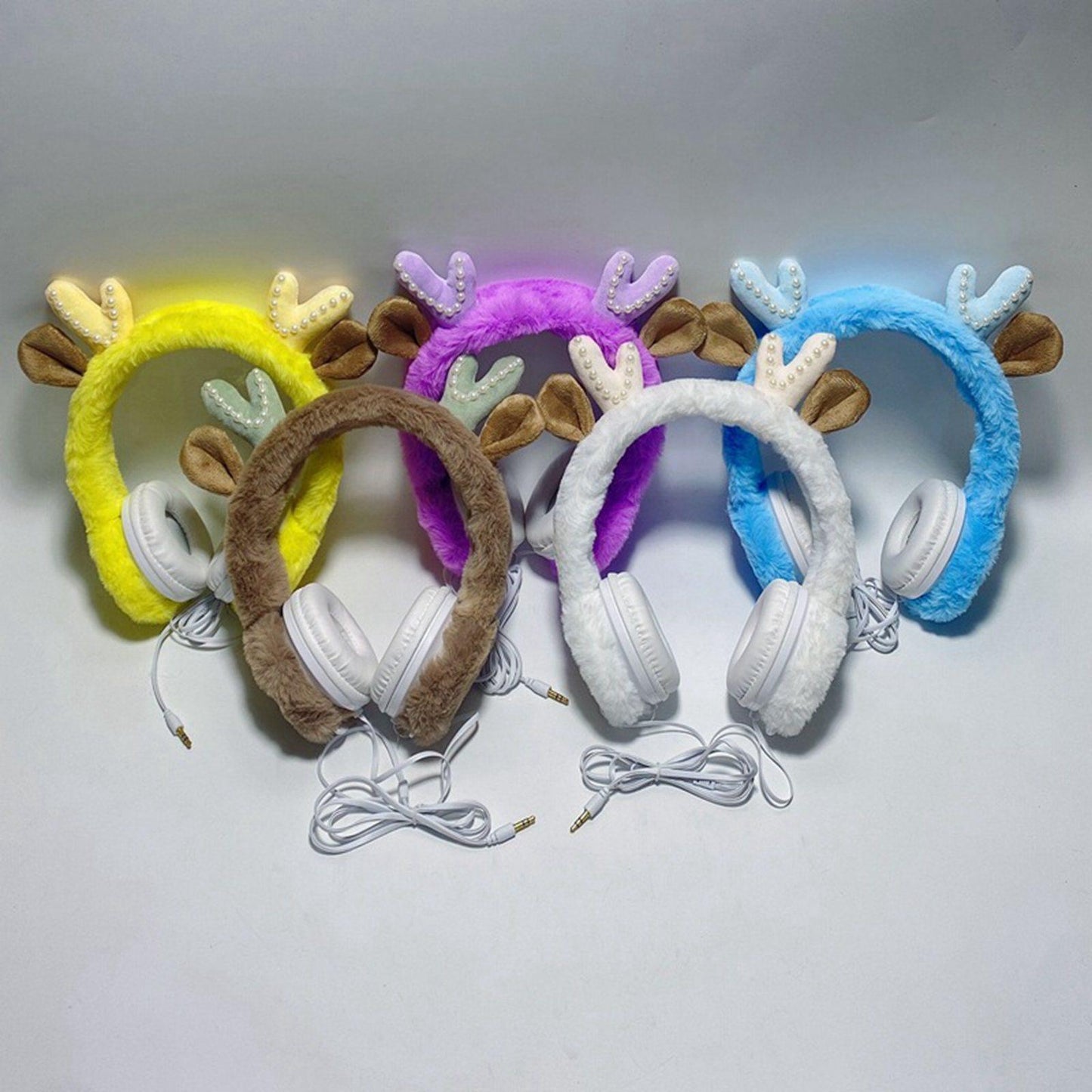 Wired Plush Antlers Headset with Microphone HiFi for Gaming Kid Adult Yellow
