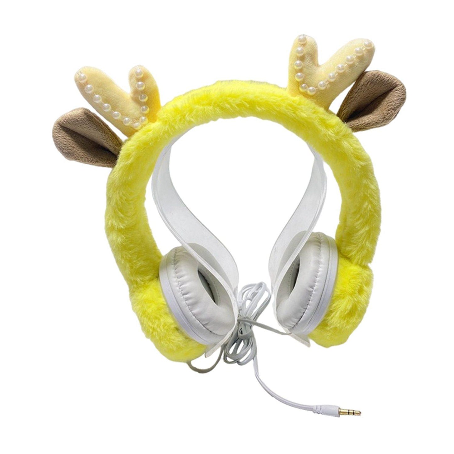 Wired Plush Antlers Headset with Microphone HiFi for Gaming Kid Adult Yellow