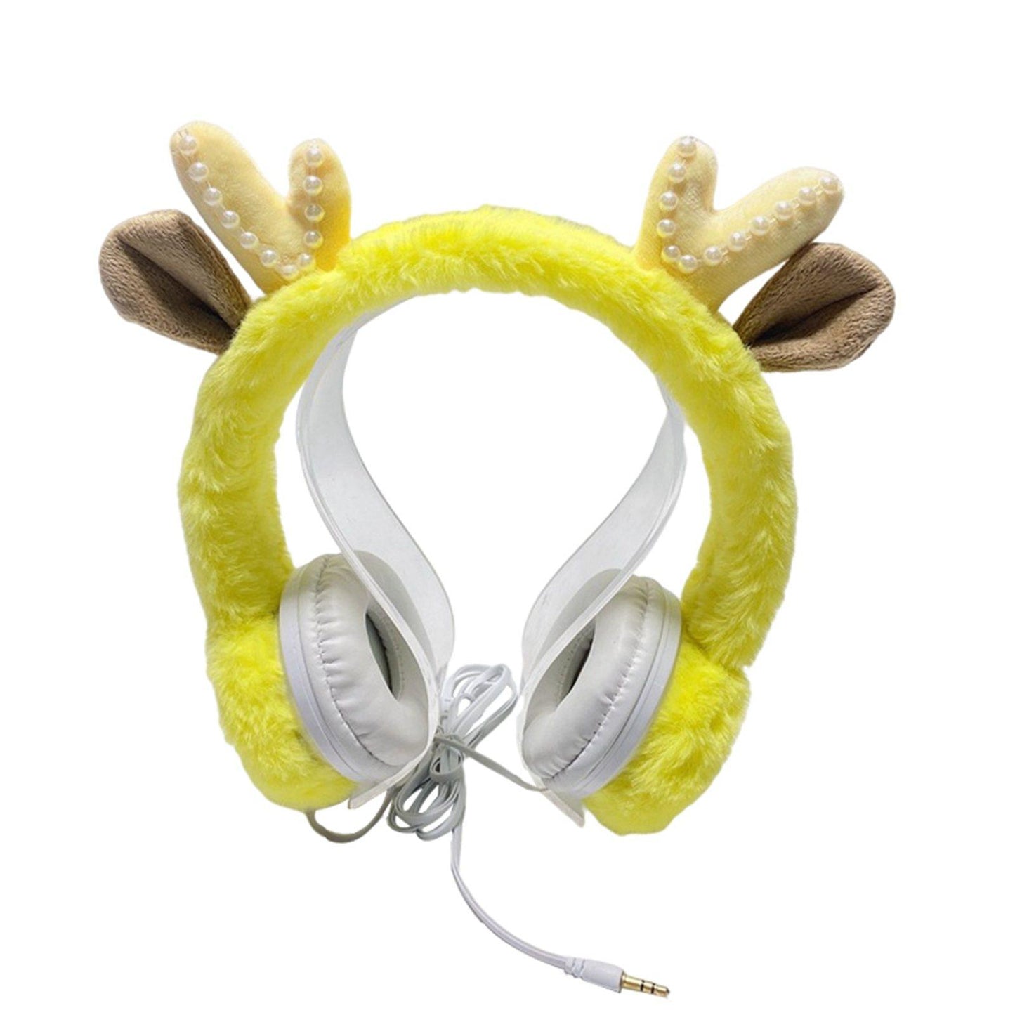 Wired Plush Antlers Headset with Microphone HiFi for Gaming Kid Adult Yellow