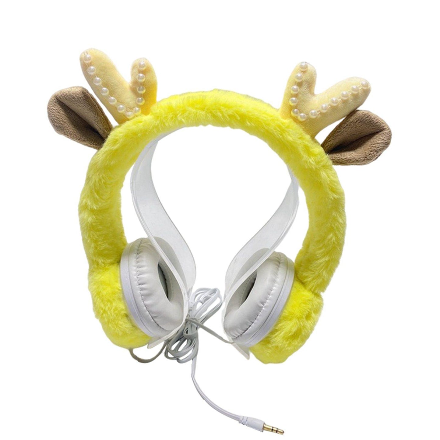 Wired Plush Antlers Headset with Microphone HiFi for Gaming Kid Adult Yellow