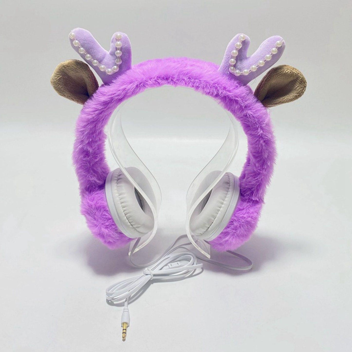 Wired Plush Antlers Headset with Microphone HiFi for Gaming Kid Adult Purple