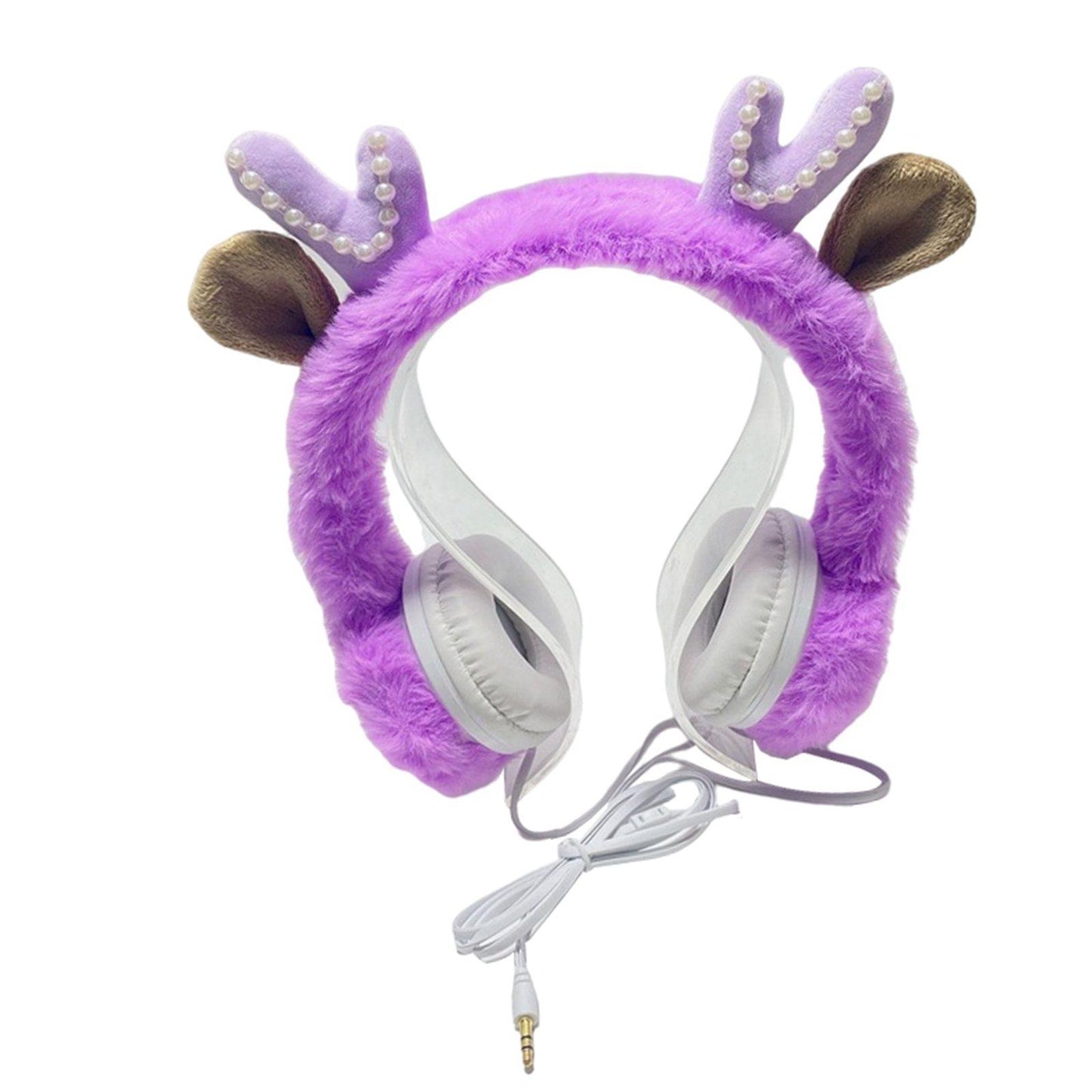 Wired Plush Antlers Headset with Microphone HiFi for Gaming Kid Adult Purple