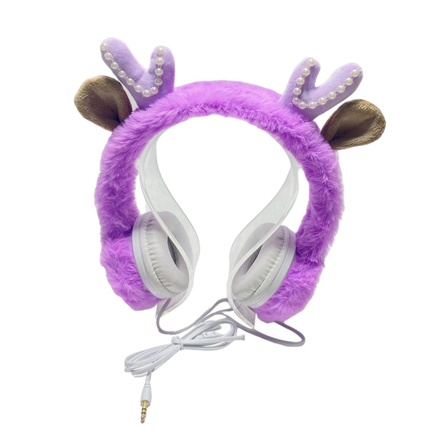 Wired Plush Antlers Headset with Microphone HiFi for Gaming Kid Adult Purple