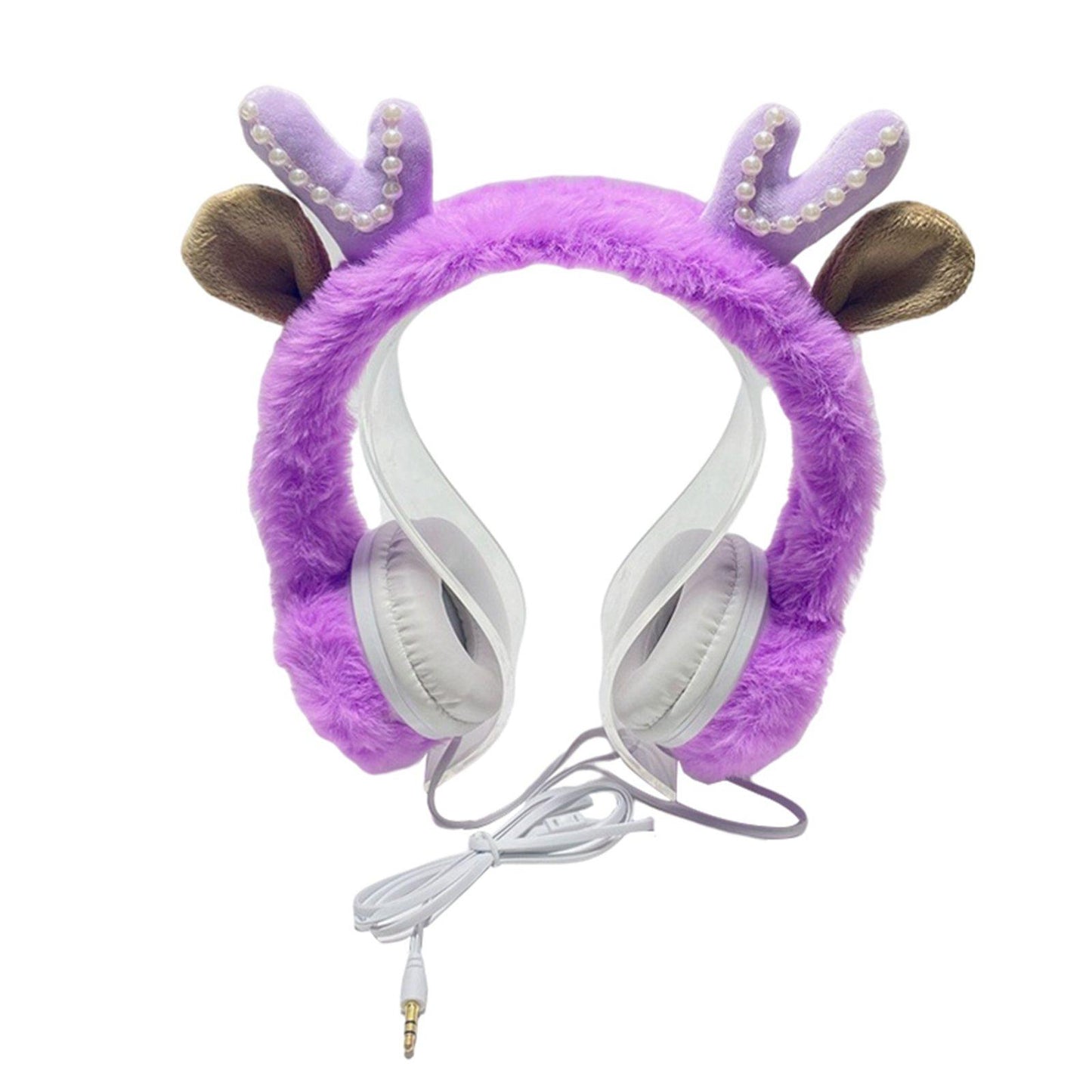 Wired Plush Antlers Headset with Microphone HiFi for Gaming Kid Adult Purple