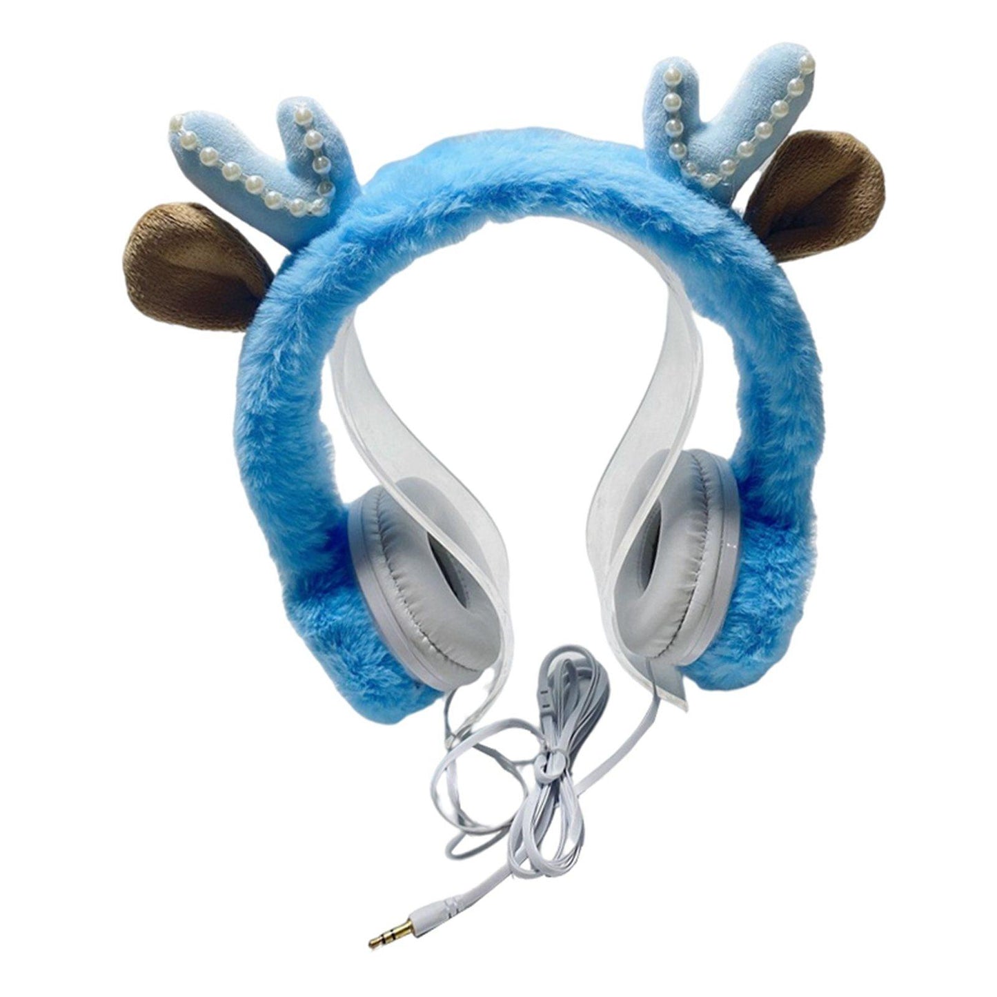 Wired Plush Antlers Headset with Microphone HiFi for Gaming Kid Adult Blue