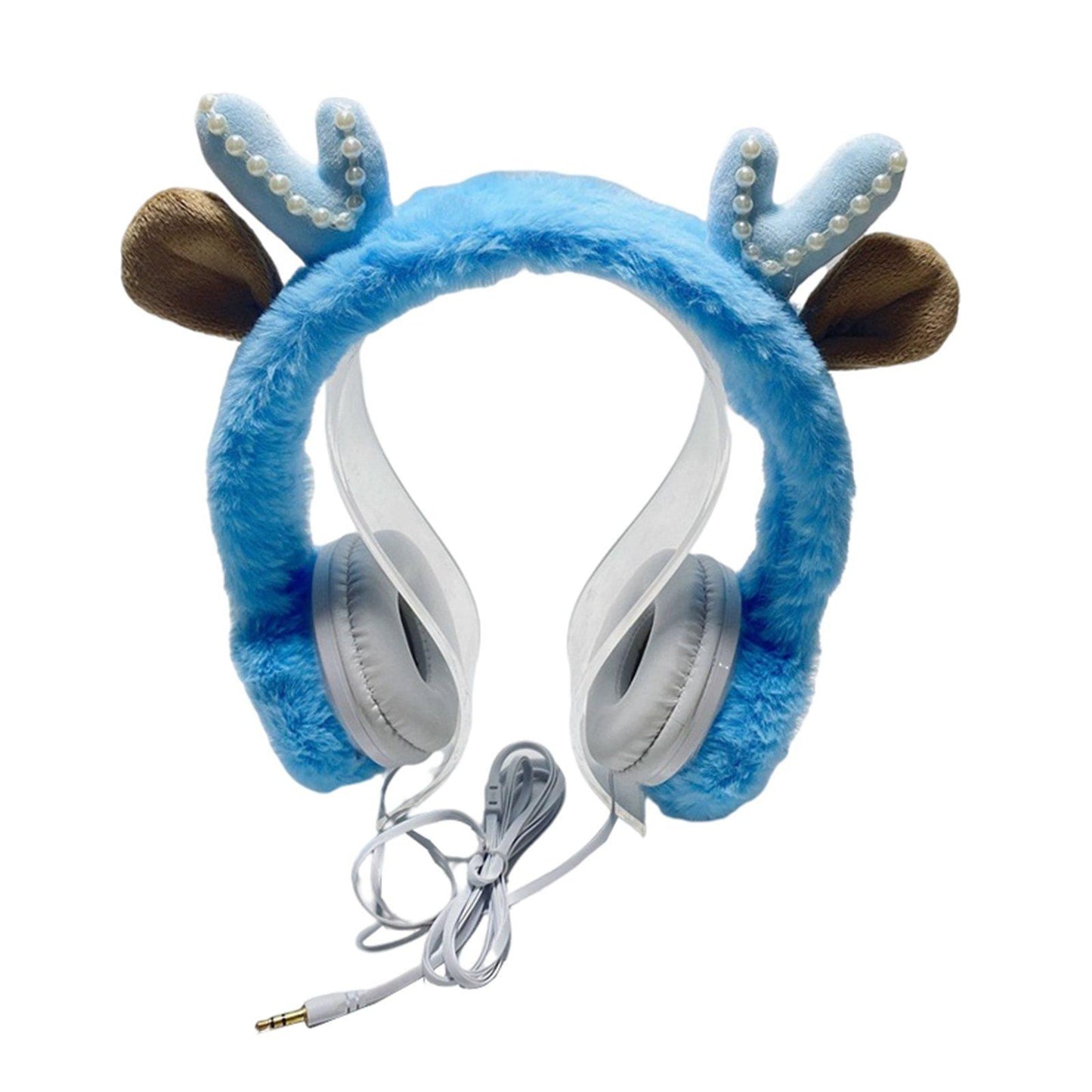 Wired Plush Antlers Headset with Microphone HiFi for Gaming Kid Adult Blue