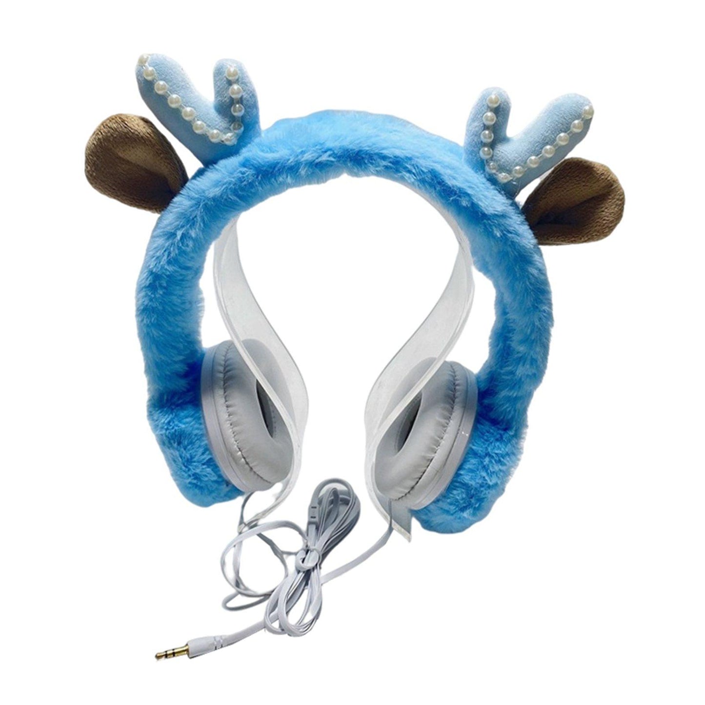Wired Plush Antlers Headset with Microphone HiFi for Gaming Kid Adult Blue