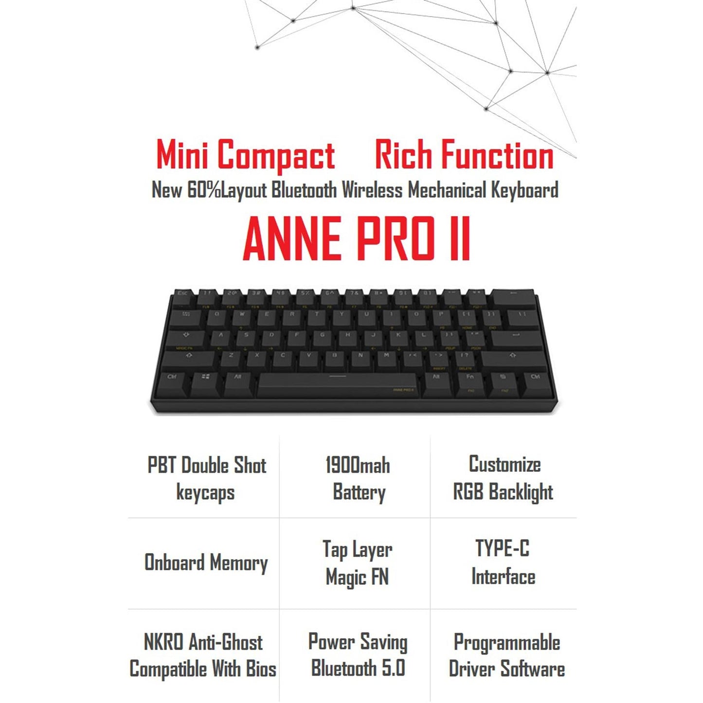 Anne Pro2 Bluetooth RGB 61Keys Mini Mechanical Keyboard W CAPs Brown Axis