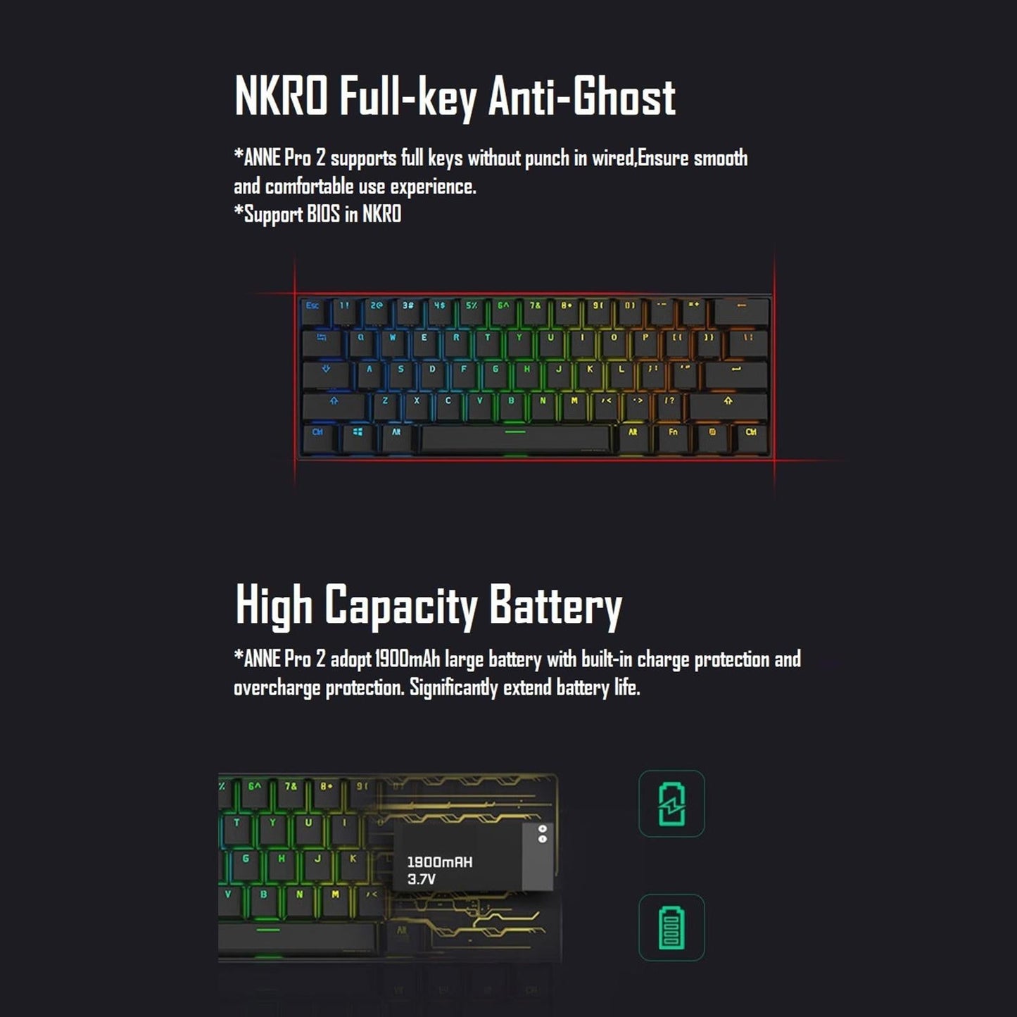 Anne Pro2 Bluetooth RGB 61Keys Mini Mechanical Keyboard W CAPs Brown Axis