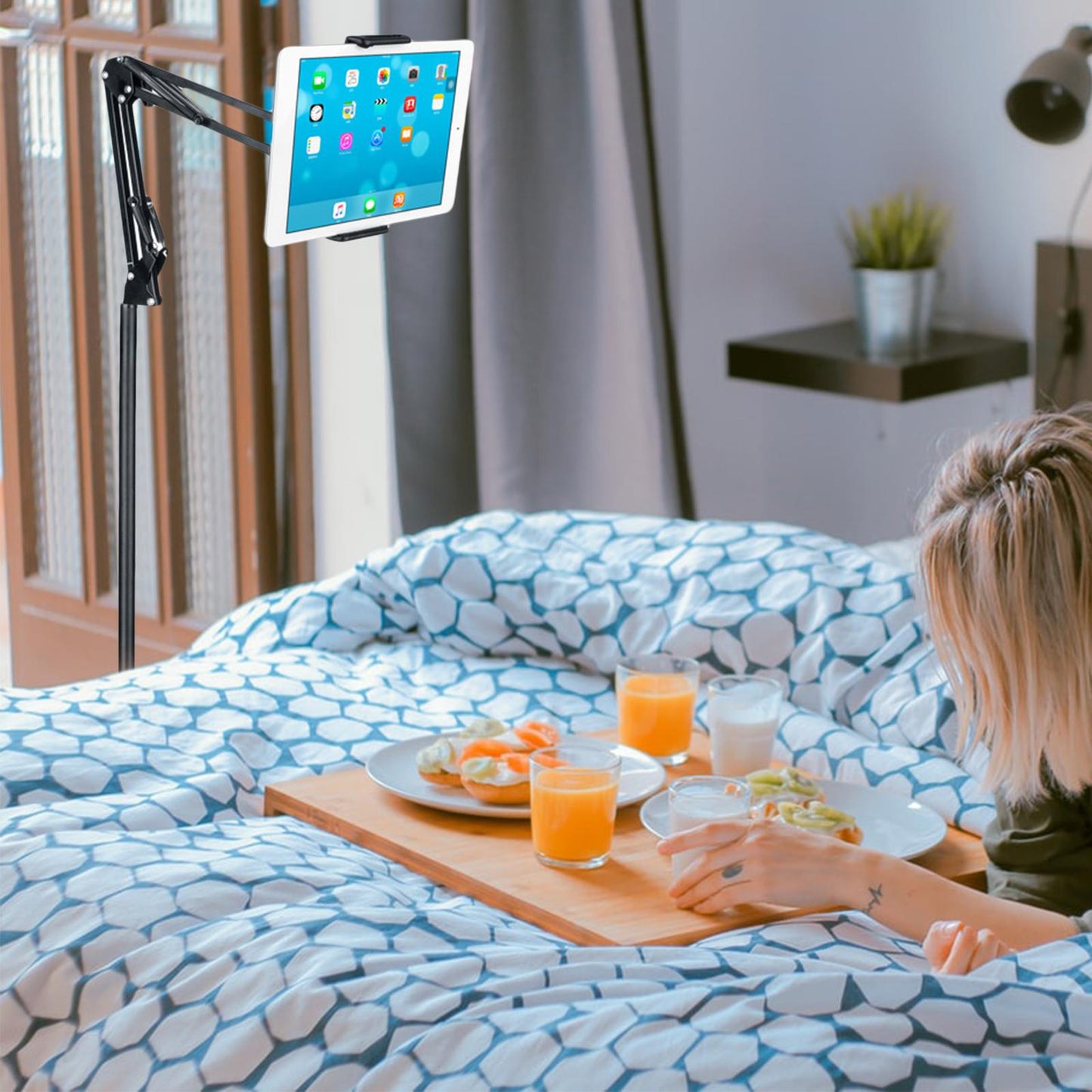 Hands Free Floor Stand Adjustable Bed Clip Holder For Tablet Black 140cm