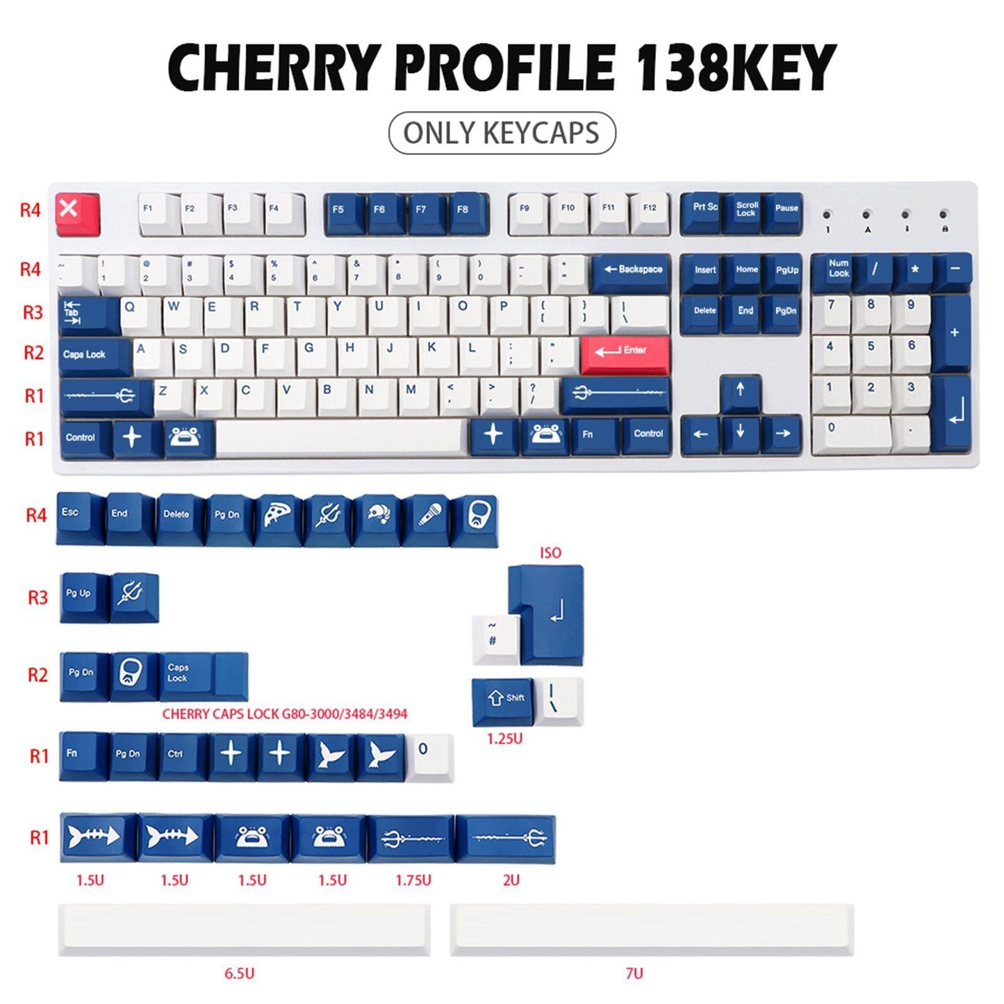 138 Keys Dye-sub PBT Keycaps for Mechanical Keyboard K65 K70 6.5u 7u Space